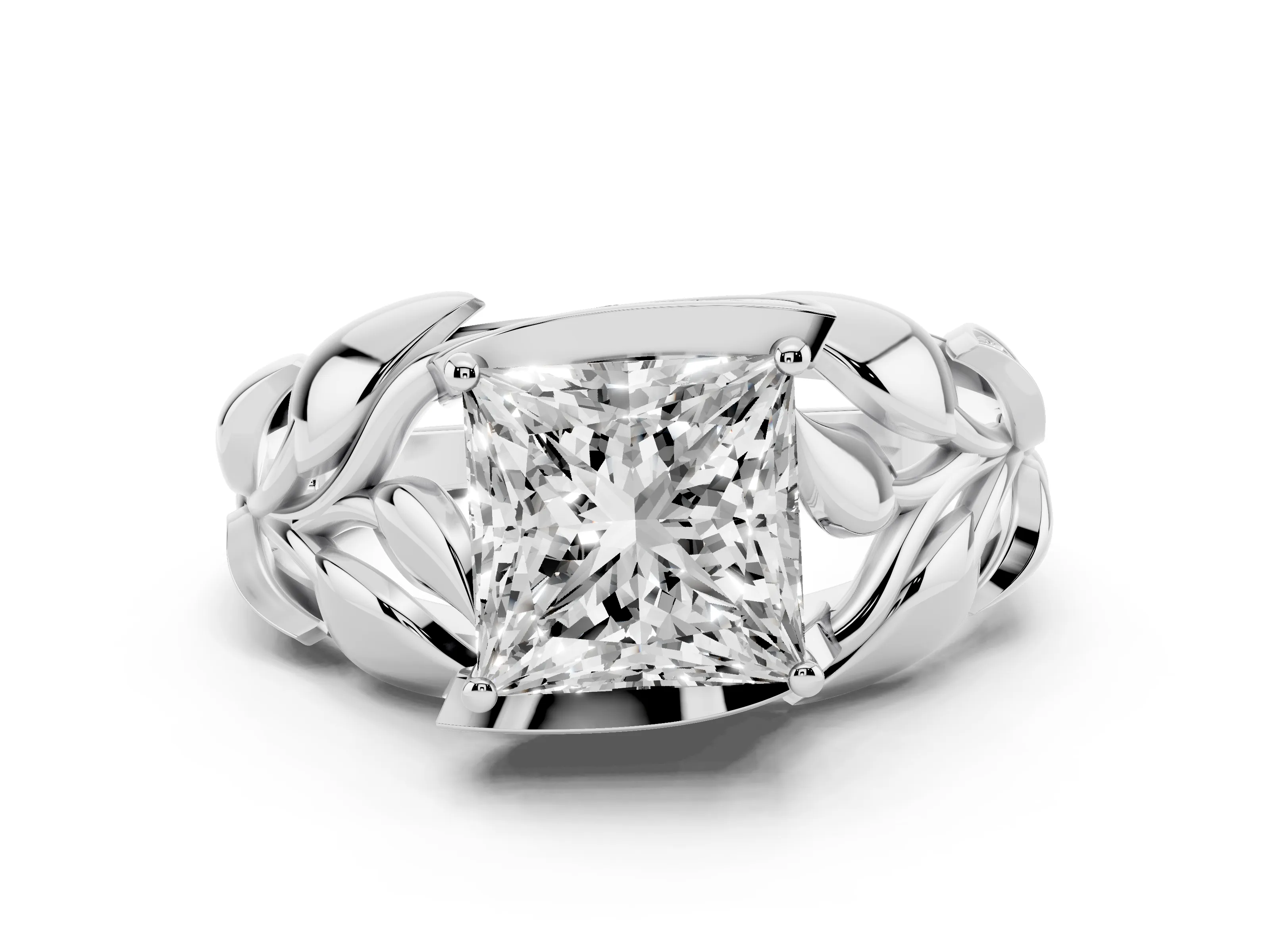 Princess Cut Diamond Leaf-Inspired Engagement Ring Set in White gold with Round Accents