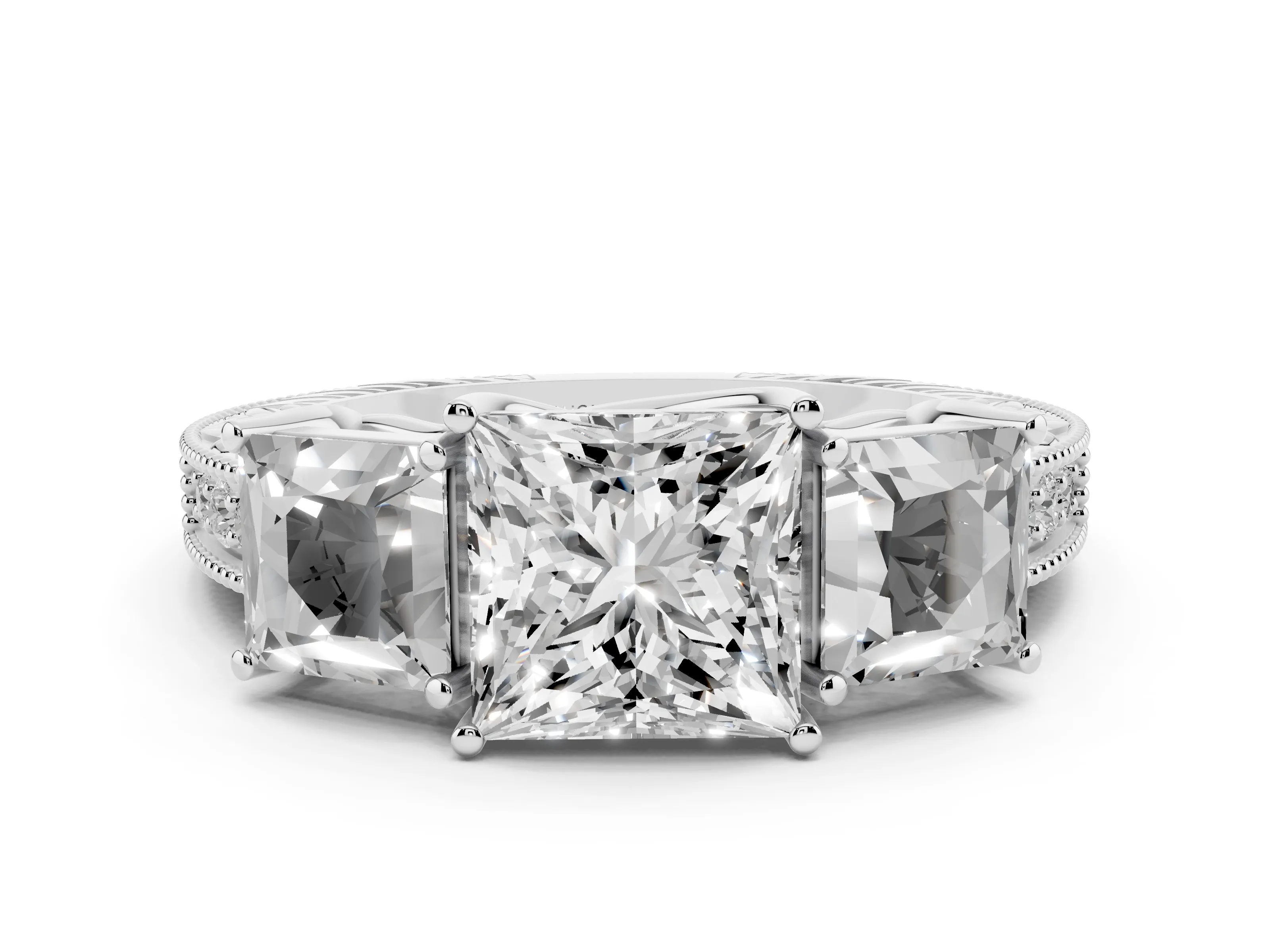 Princess Cut Diamond Three-Stone Engagement Ring Set in Platinum with Milgrain Pavé Band