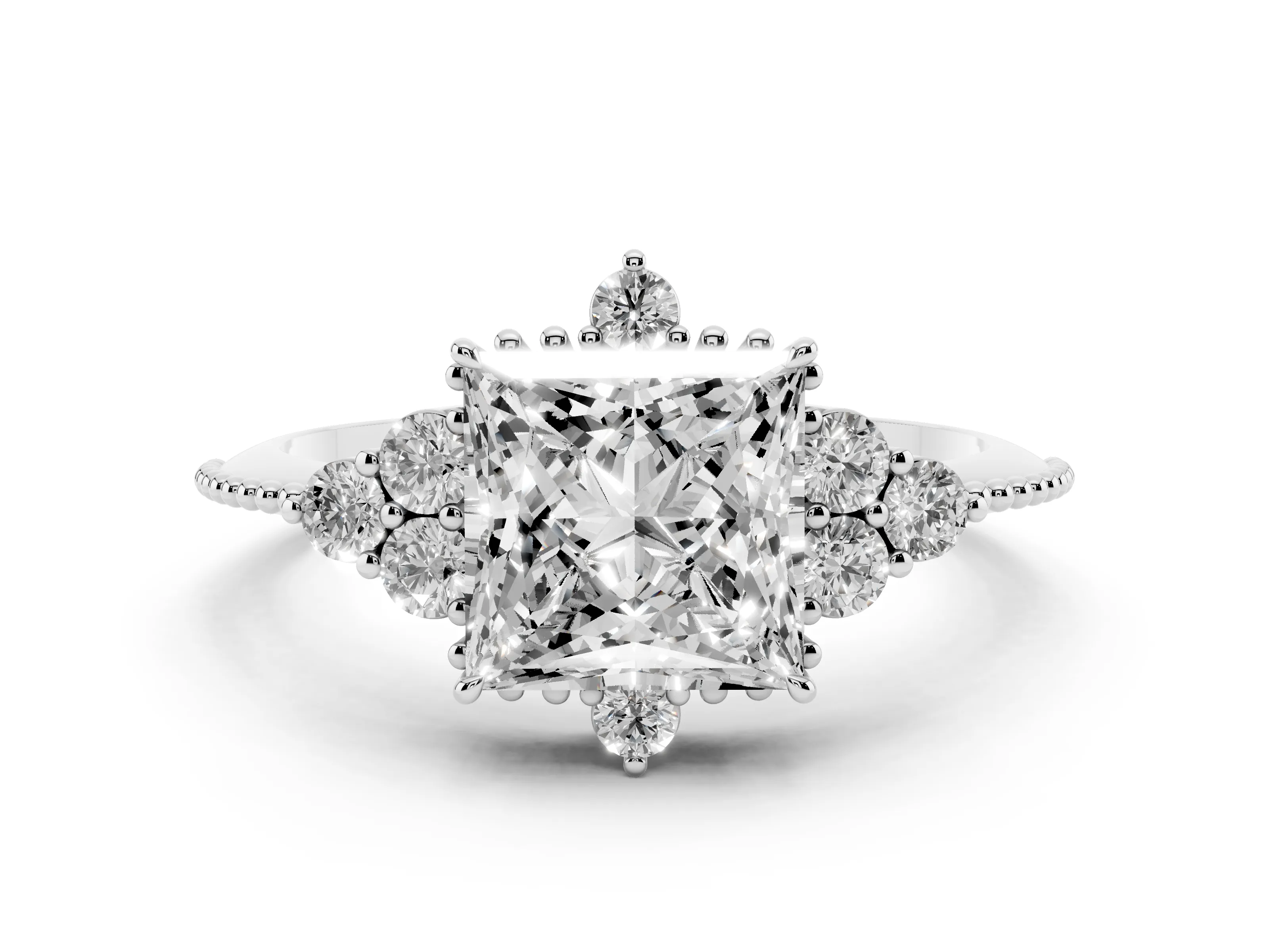 Princess Cut Diamond Cluster Ring Set in Silver with Beaded Band