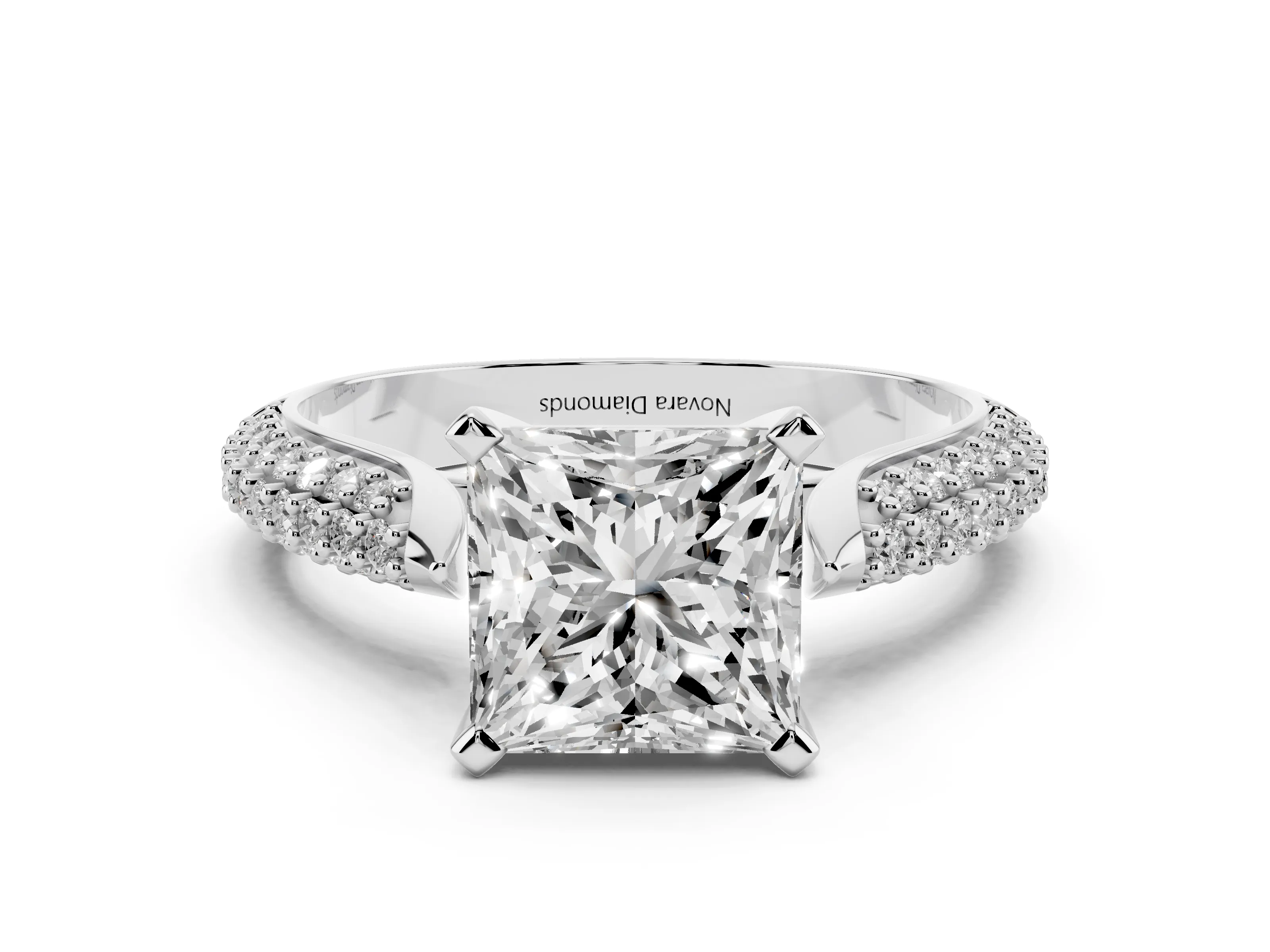 Princess Cut Diamond Solitaire Engagement Ring Set in White gold with Multi-Row Round Pavé Band and Prong Setting