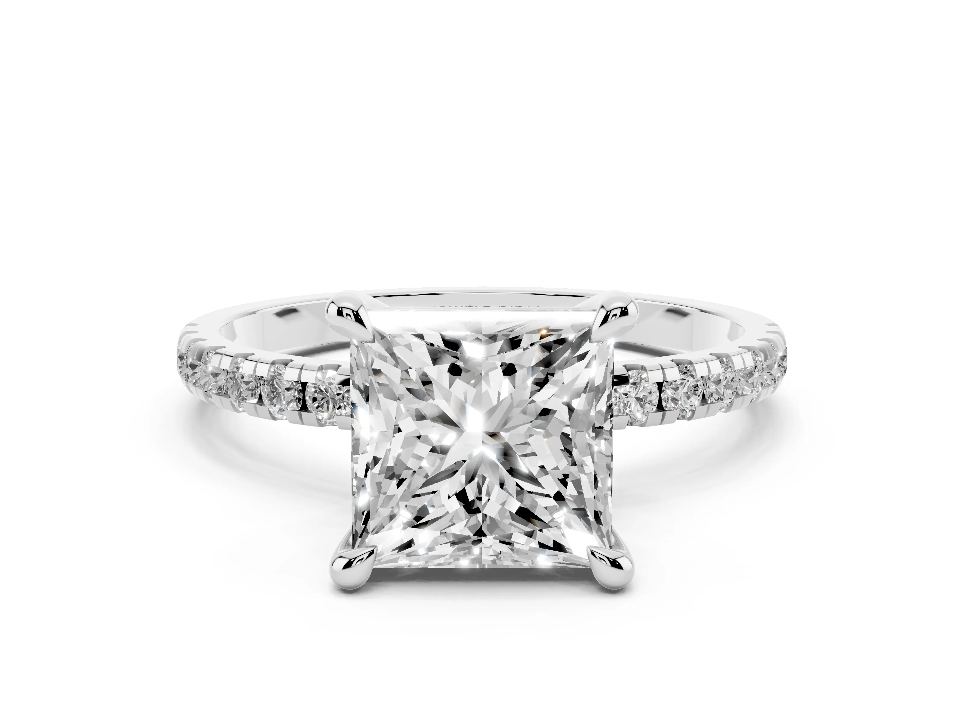 Princess Cut Diamond Brilliant Solitaire Ring Set in Platinum with Pavé Band and Prong Setting