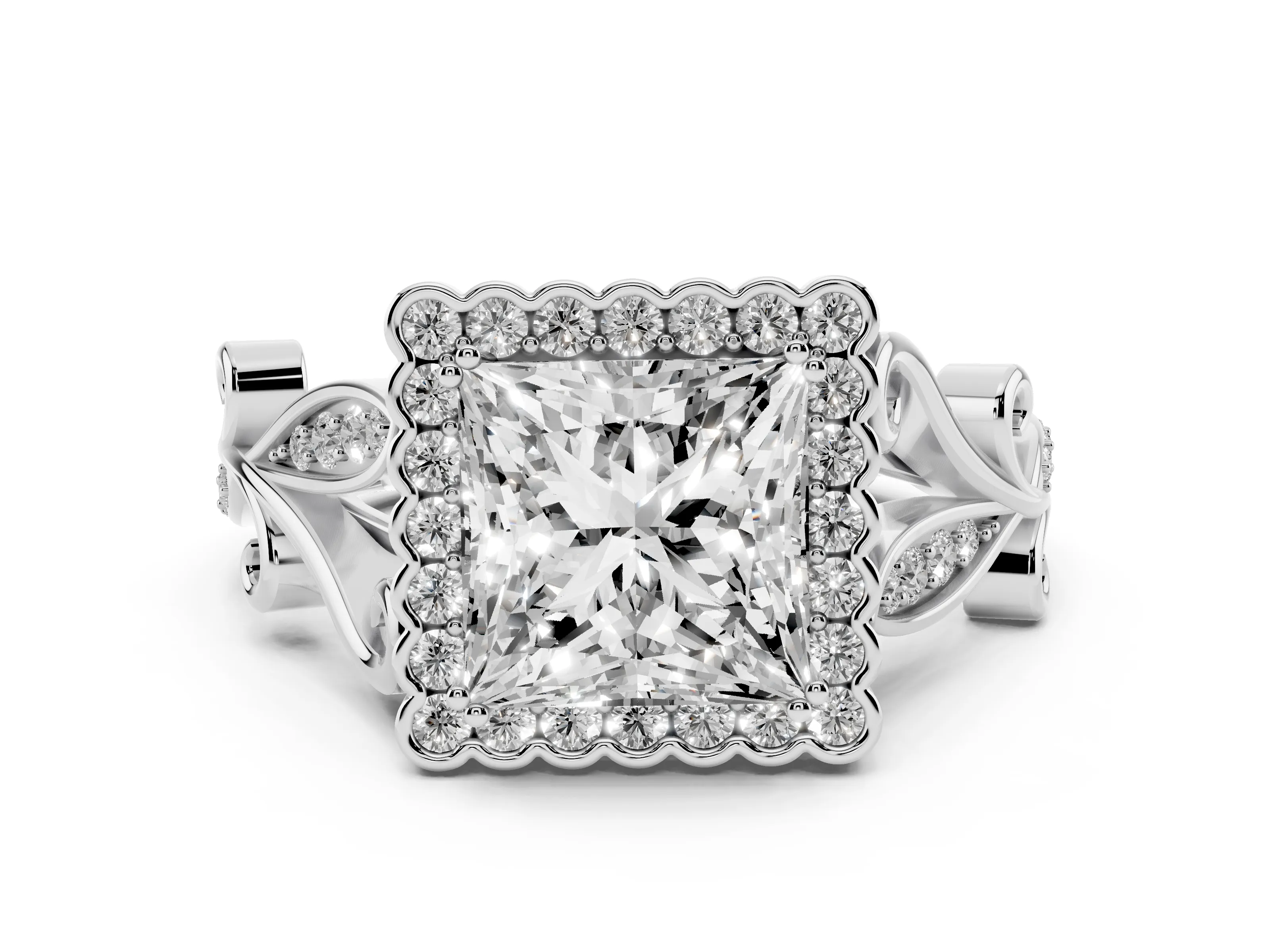 Princess Cut Diamond Halo Ring Set in White gold with Leaf Motif Split Shank and Prong Setting
