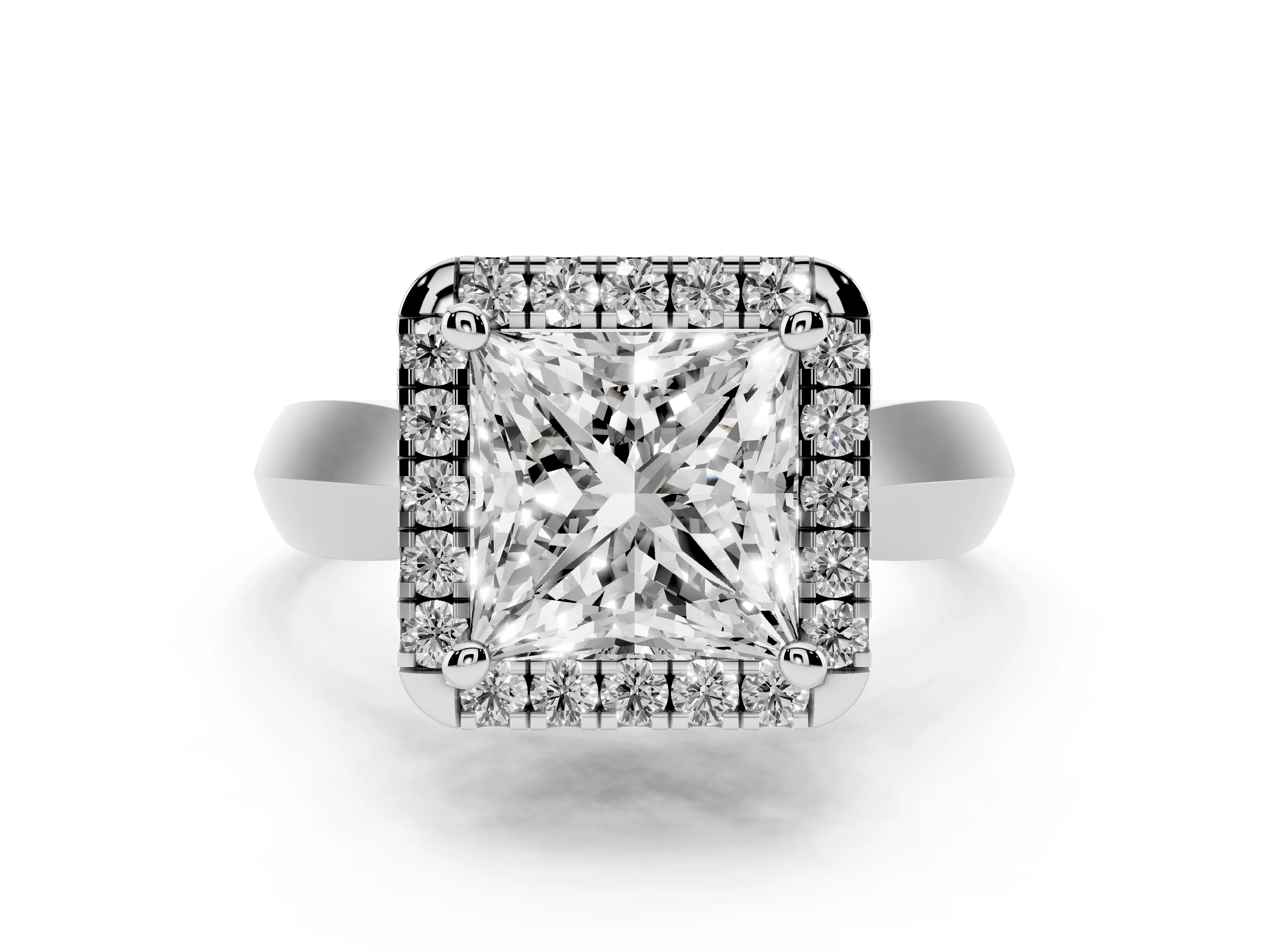 Princess Cut Diamond Halo Solitaire Engagement Ring Set in White gold with Square Band and Prong Setting
