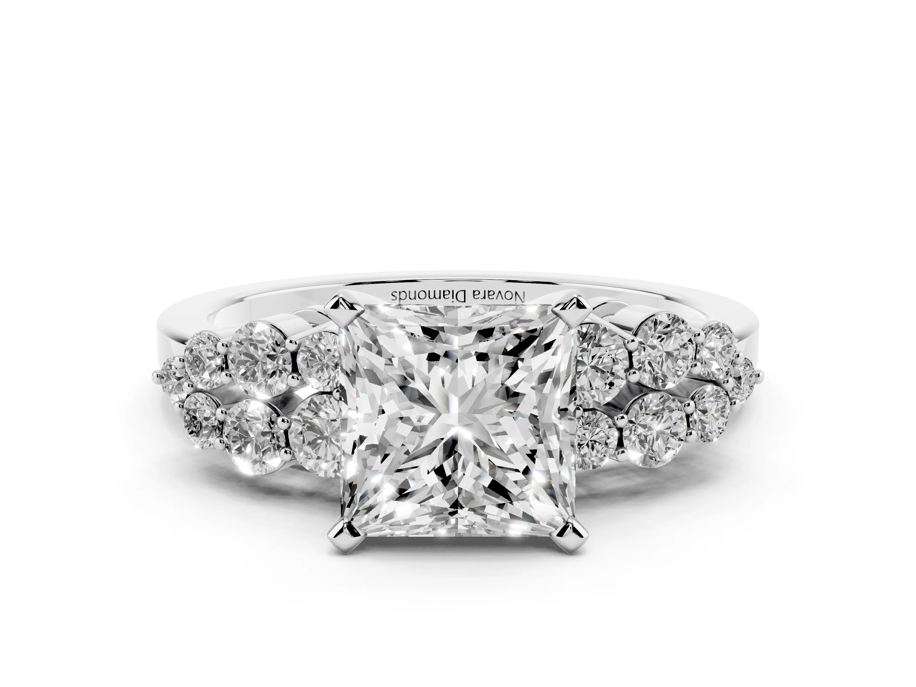 Princess Cut Diamond Cluster Engagement Ring Set in Platinum with Pavé Band and Prong Setting