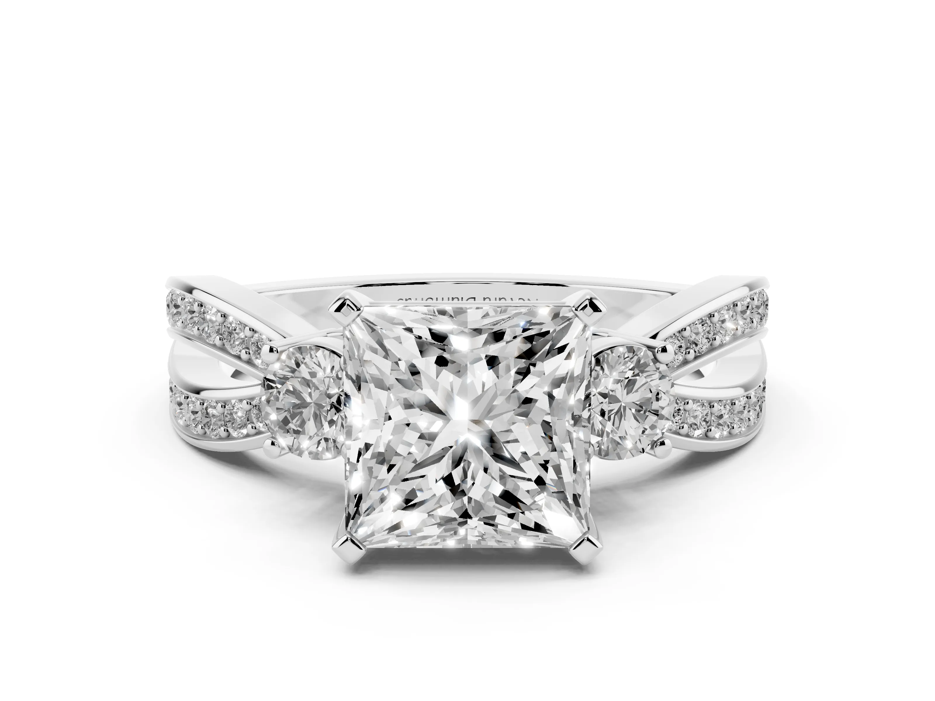 Three-Stone Princess Cut Diamond Twist Band Ring Set in Silver with Pavé Accents and Prong Setting