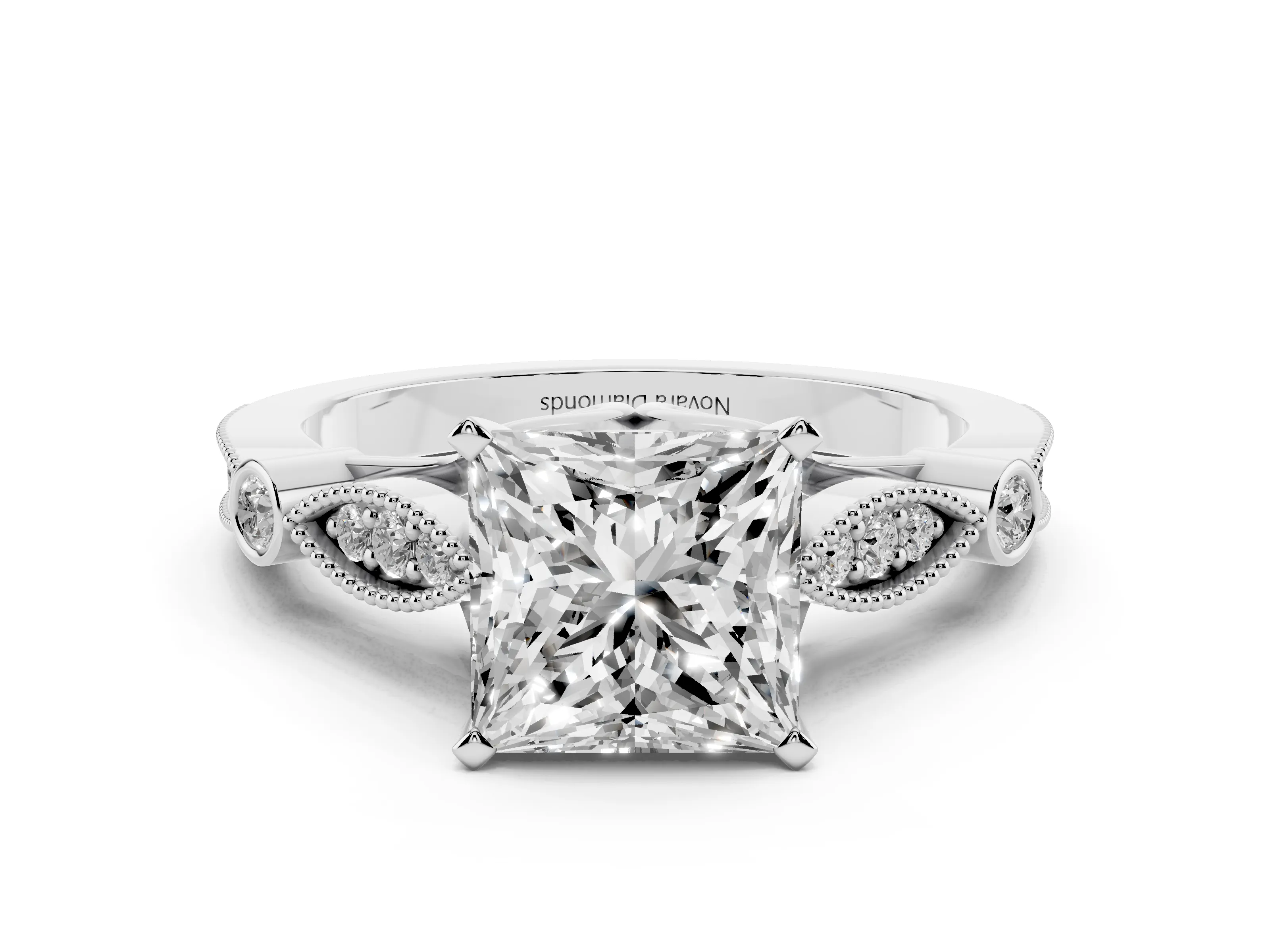 Princess Cut Diamond Solitaire Ring Set in Silver with Milgrain Marquise and Bezel Accents