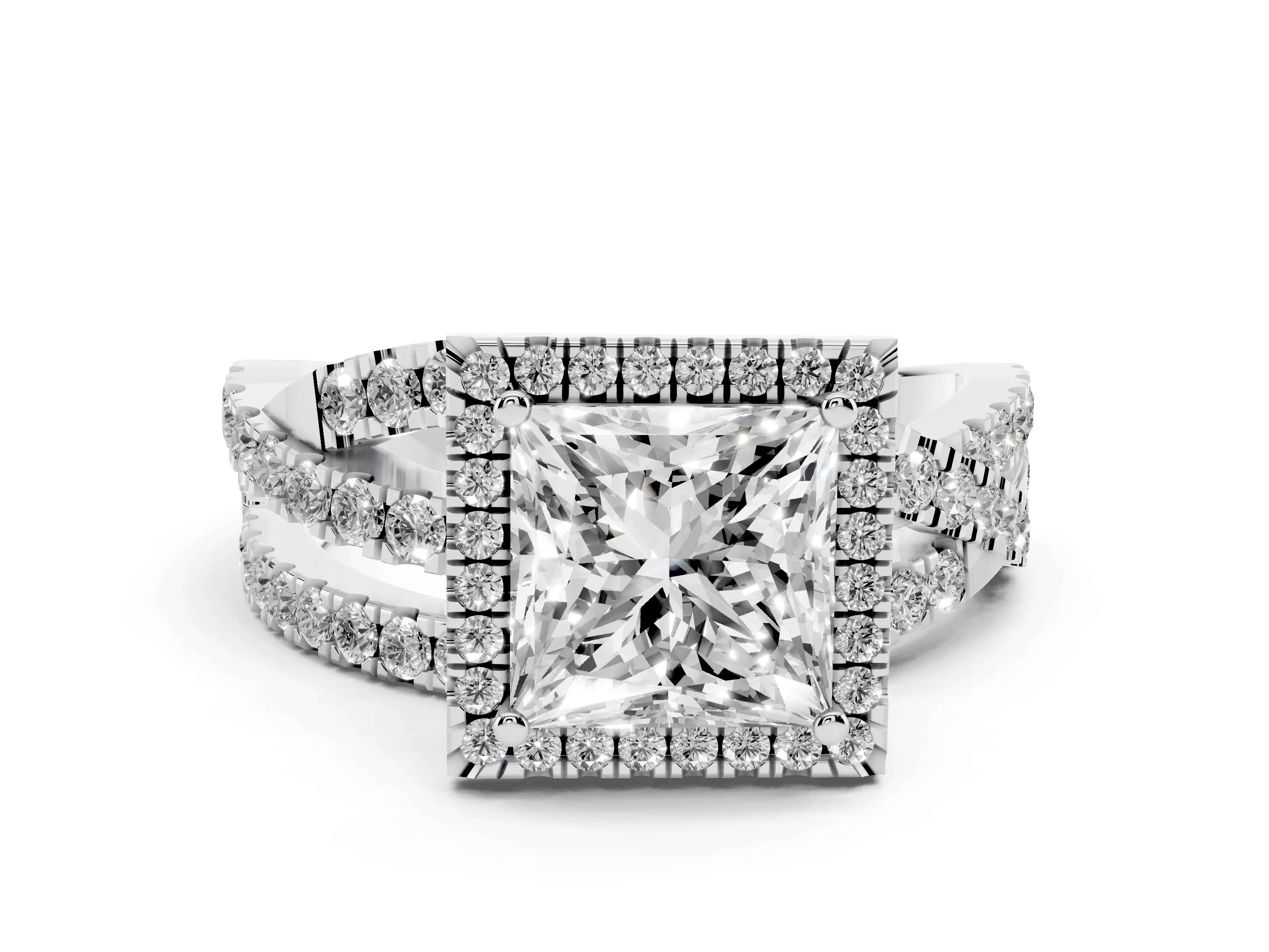 Princess Cut Diamond Halo Ring Set in Platinum with Round Crossover Split Shank and Prong Setting