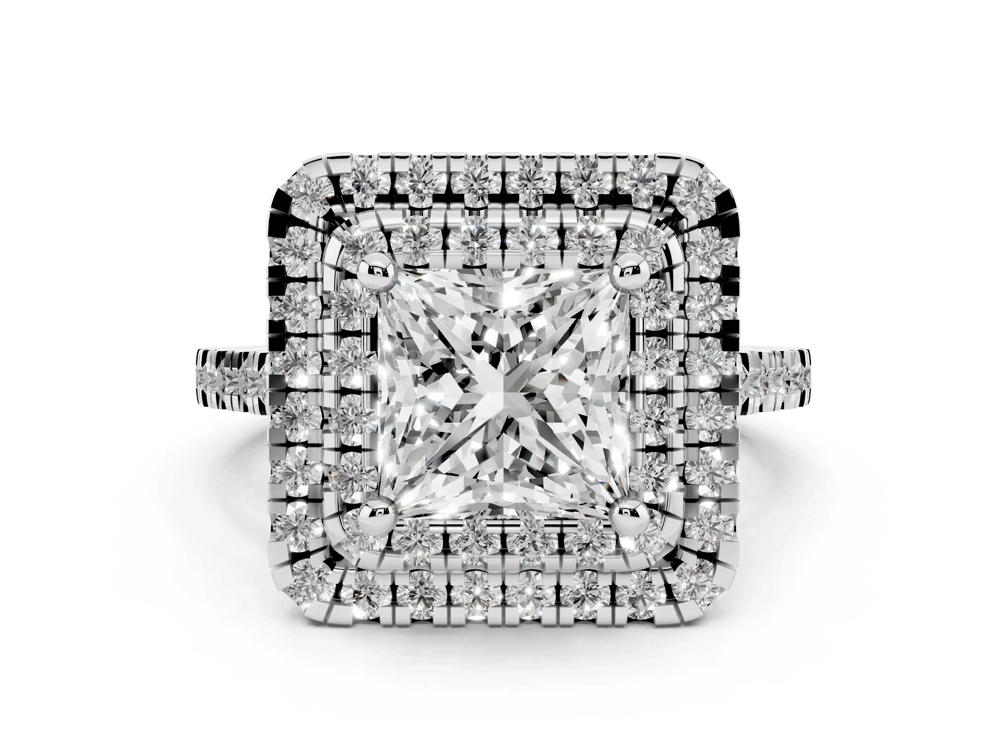 Princess Cut Diamond Double Halo Statement Ring Set in White gold with Pavé Band