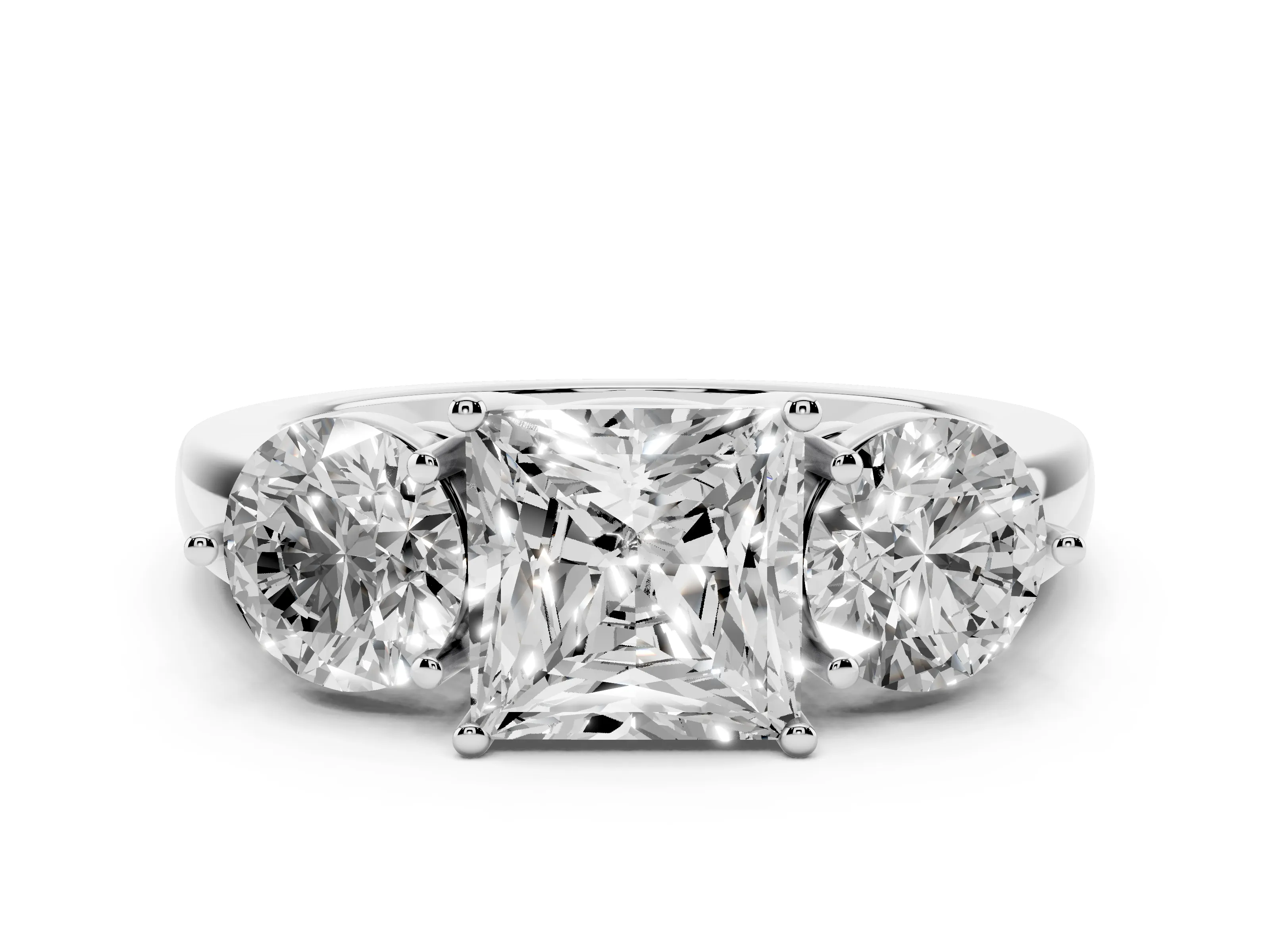 Princess Cut Diamond Three-Stone Ring Set in Platinum with Prong Setting and Plain Band