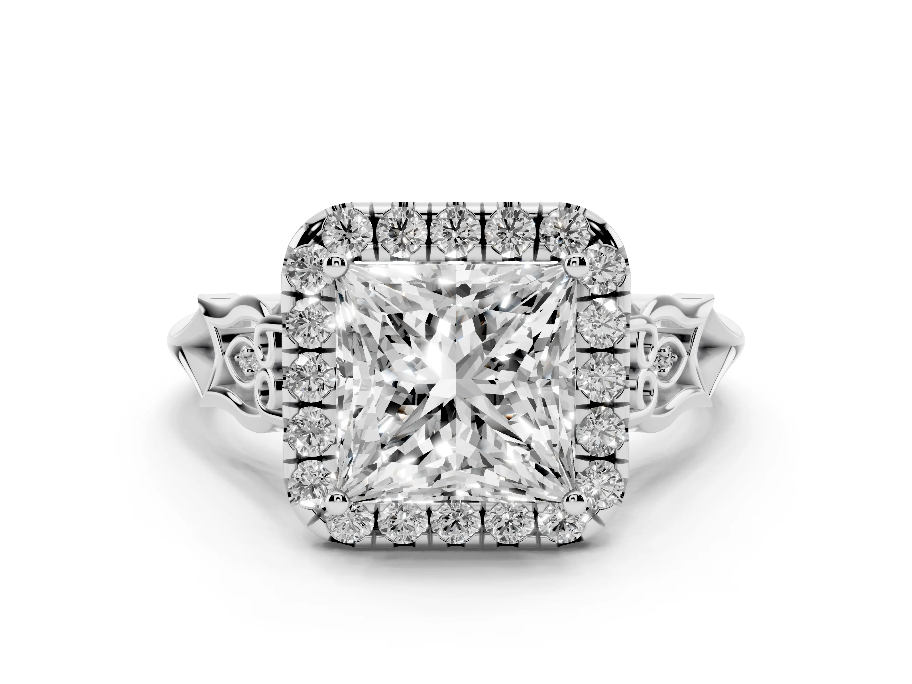 Princess Cut Diamond Halo Engagement Ring Set in White gold with Filigree Band and Prong-Set Center