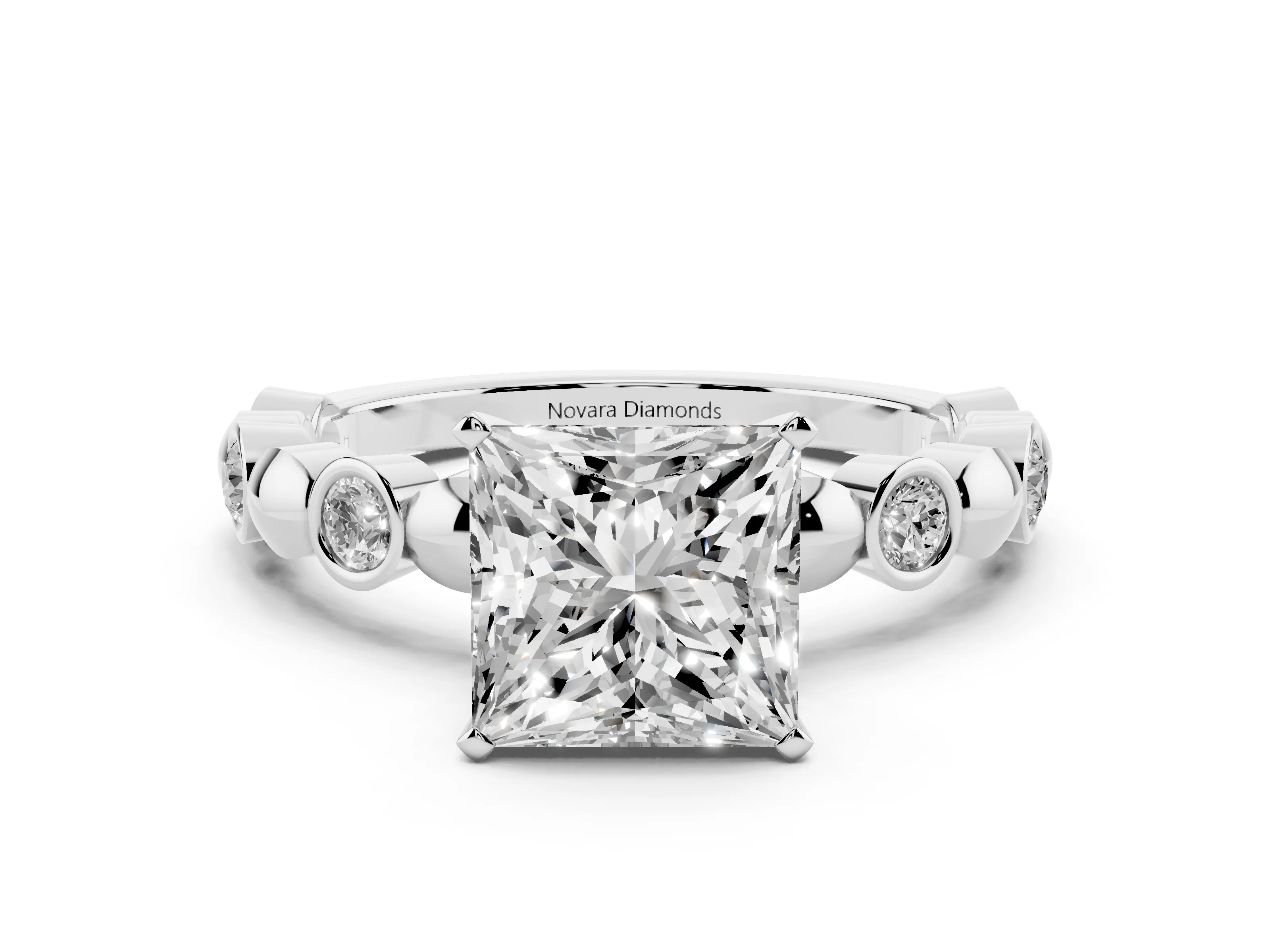 Princess Cut Diamond Solitaire Ring Set in Platinum with Bezel-Set Accents on Beaded Band and Prong Setting