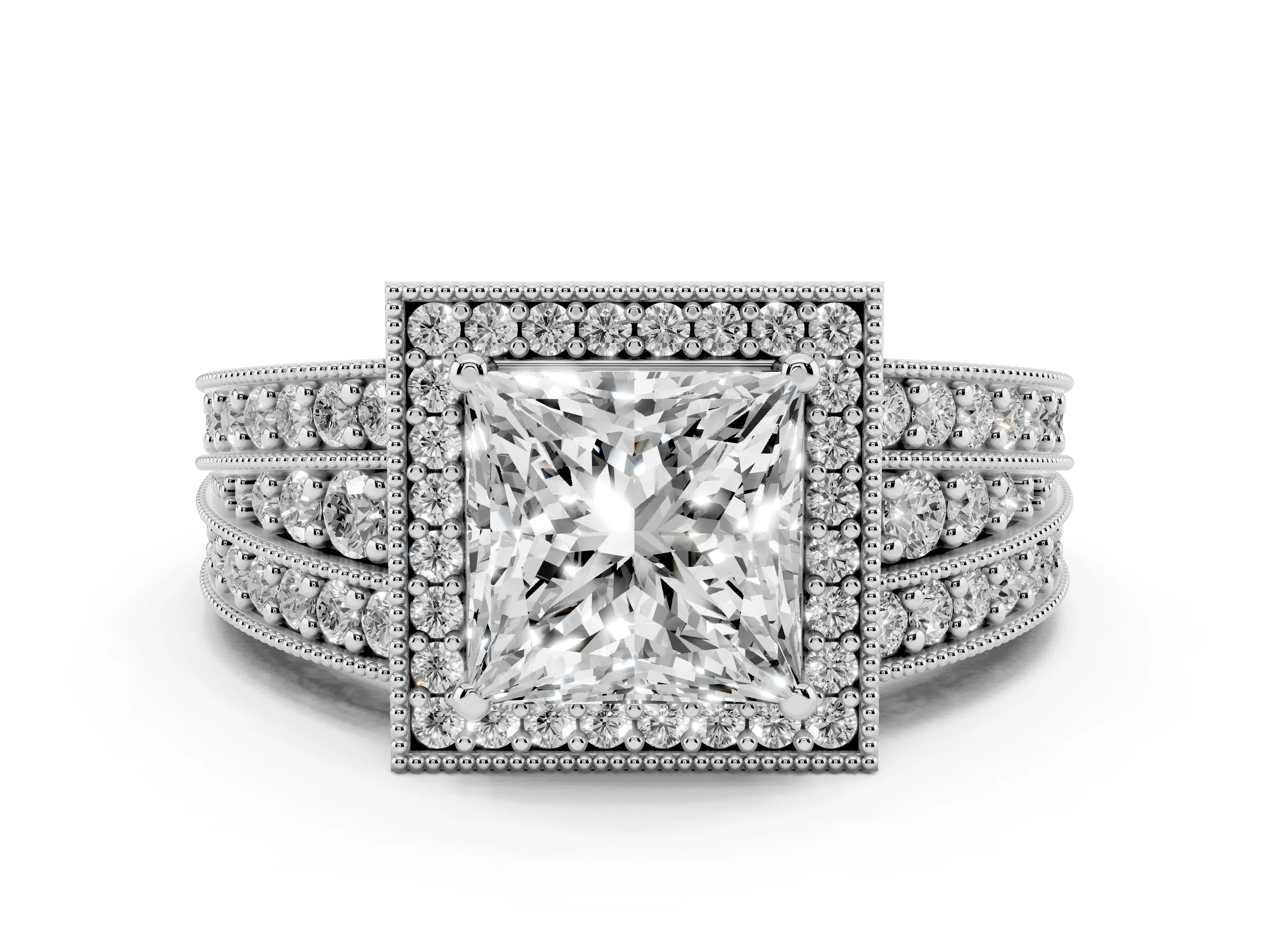 Princess Cut Diamond Halo Ring Set in White gold with Accent Split Shank and Prong Setting