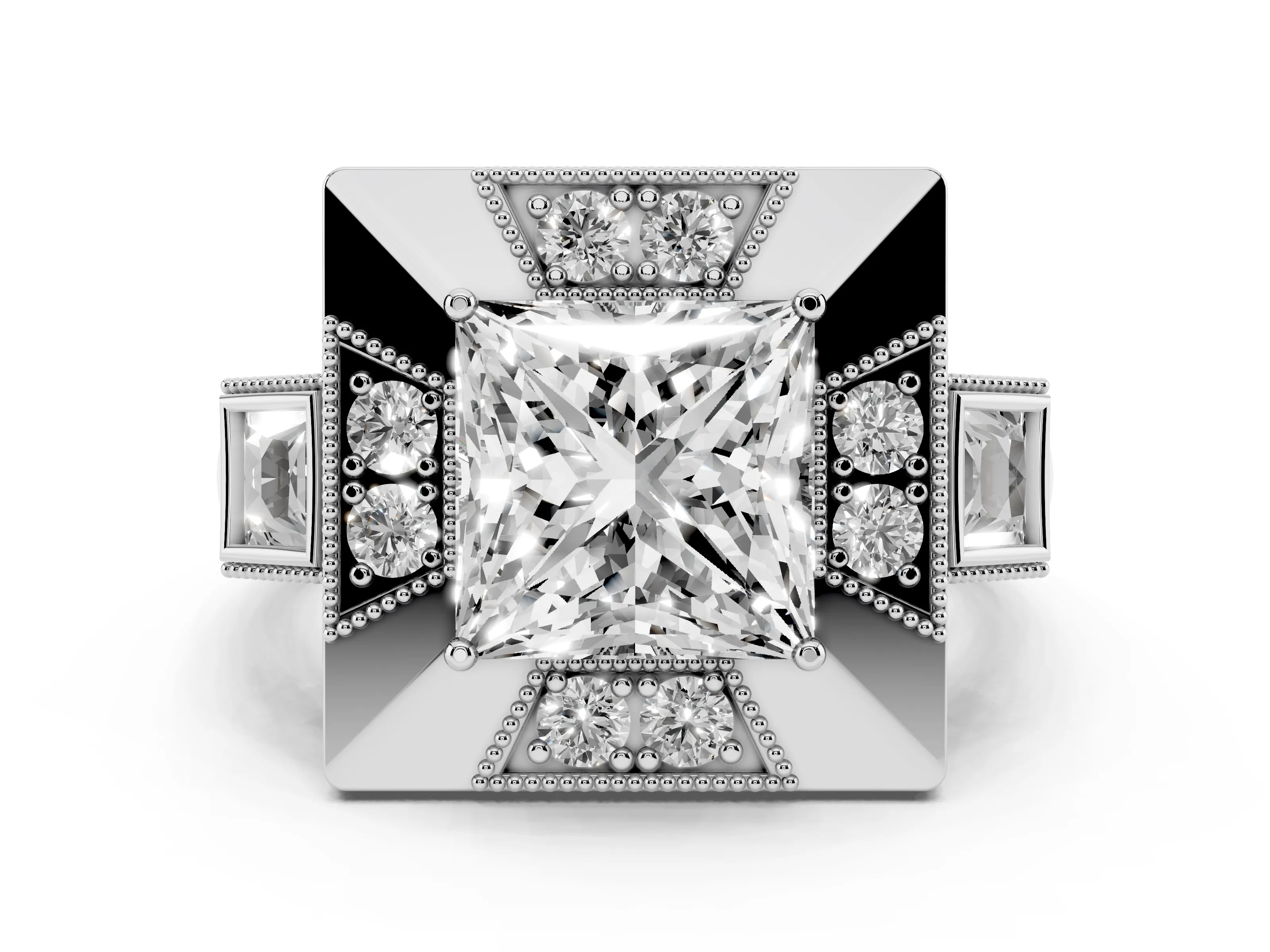 Princess Cut Diamond Milgrain Halo Ring Set in White gold with Split Shank