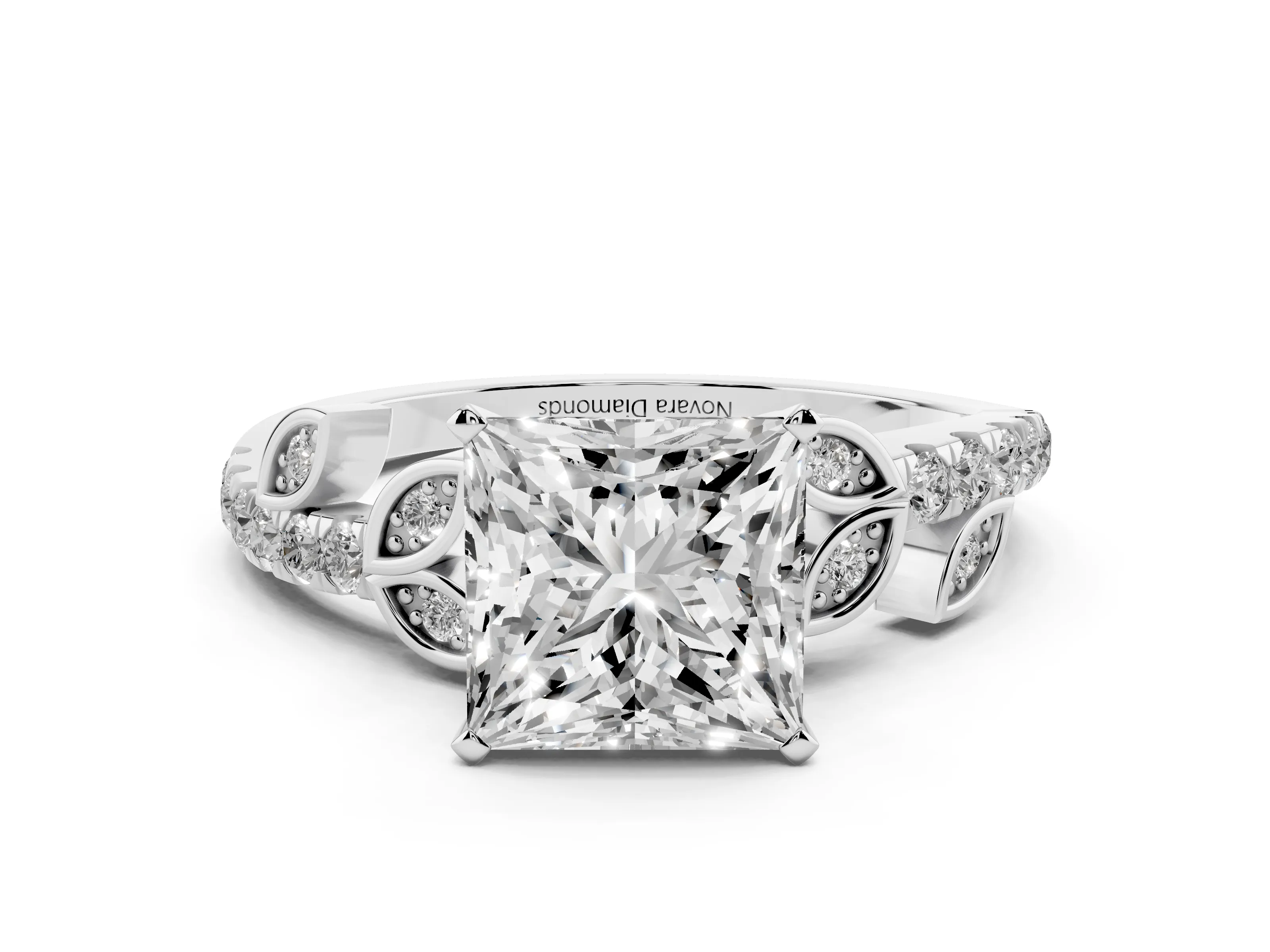 Princess Cut Diamond Solitaire Leaf-Inspired Ring Set in Platinum with Pavé Band and Prong Setting