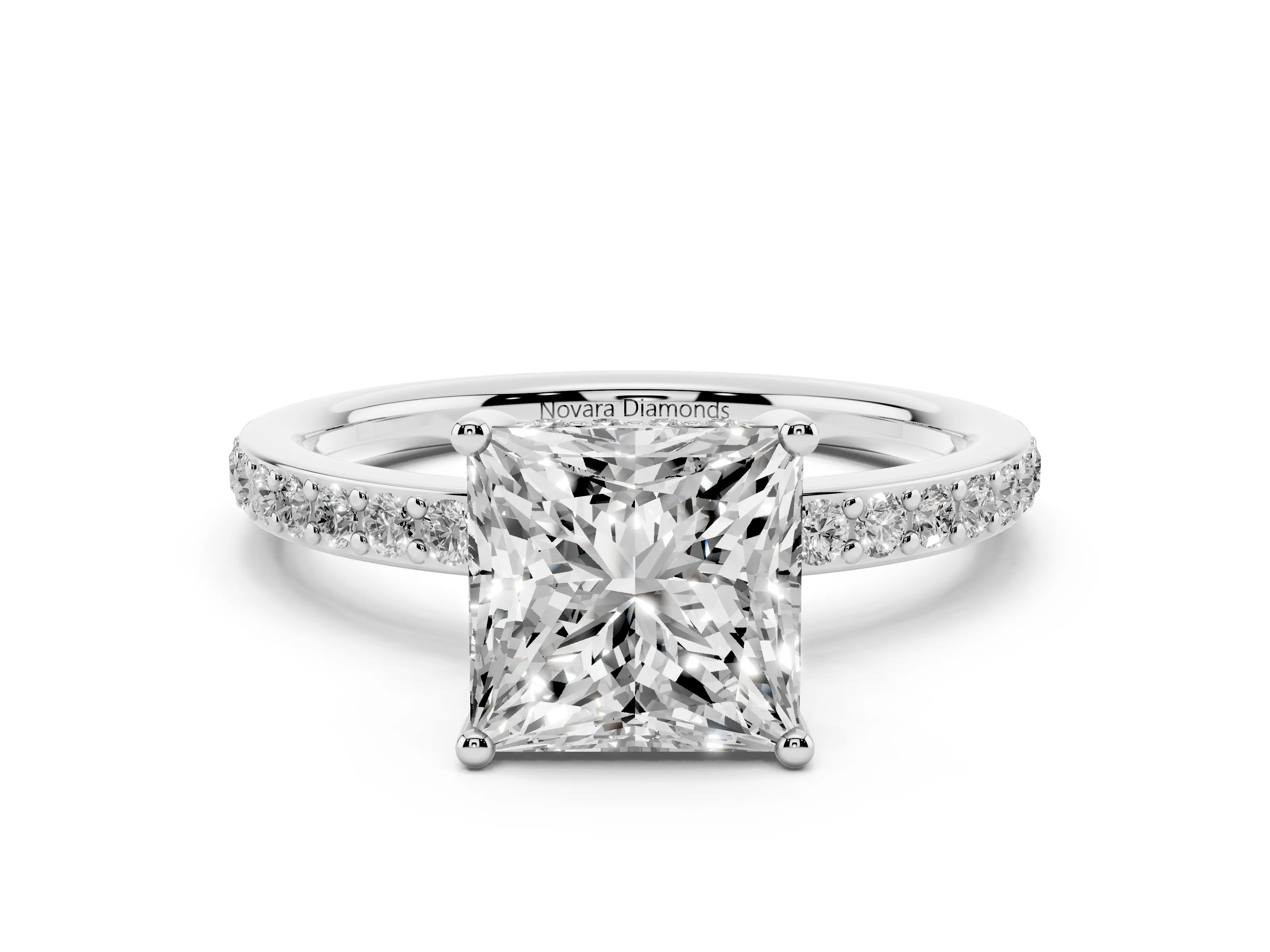 Princess Cut Diamond Pavé Band Ring Set in White gold with Prong-Set Center Stone