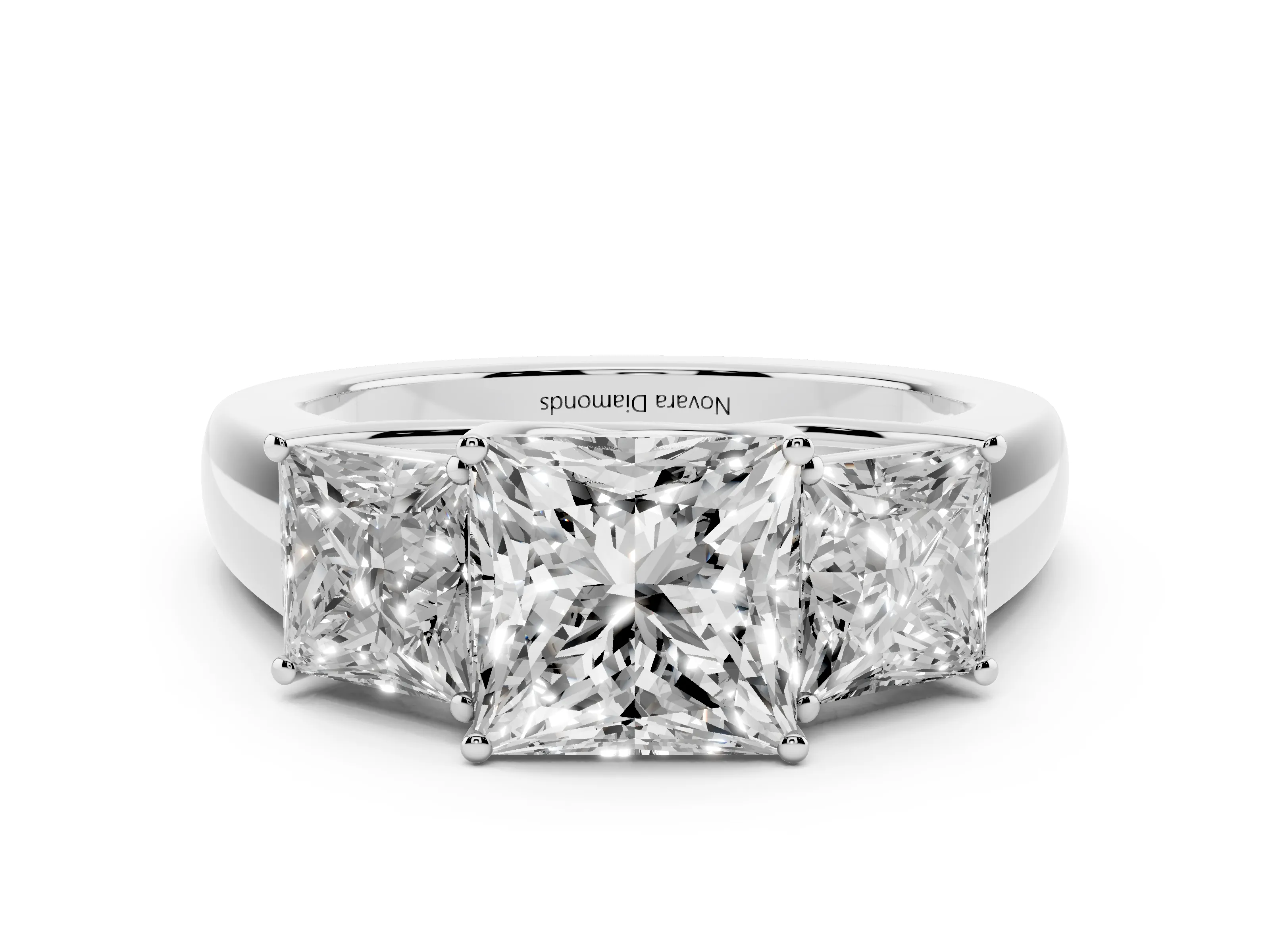 Three-Stone Princess Cut Diamond Ring Set in White gold with Matching Prong Settings and Plain Band