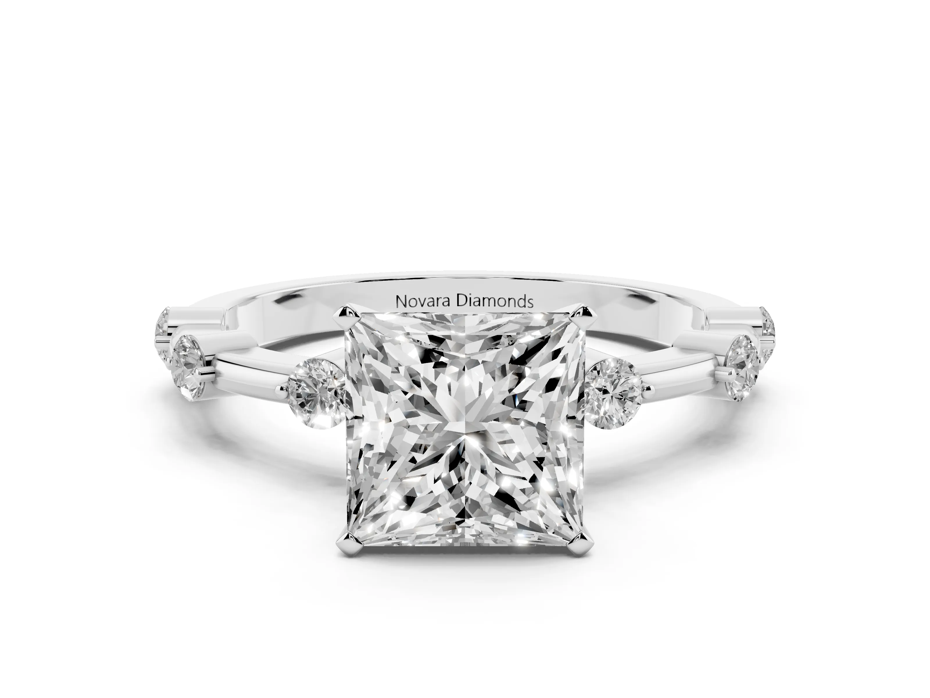 Princess Cut Diamond Solitaire Ring Set in Platinum with Bezel Set Side Stones and Prong Setting