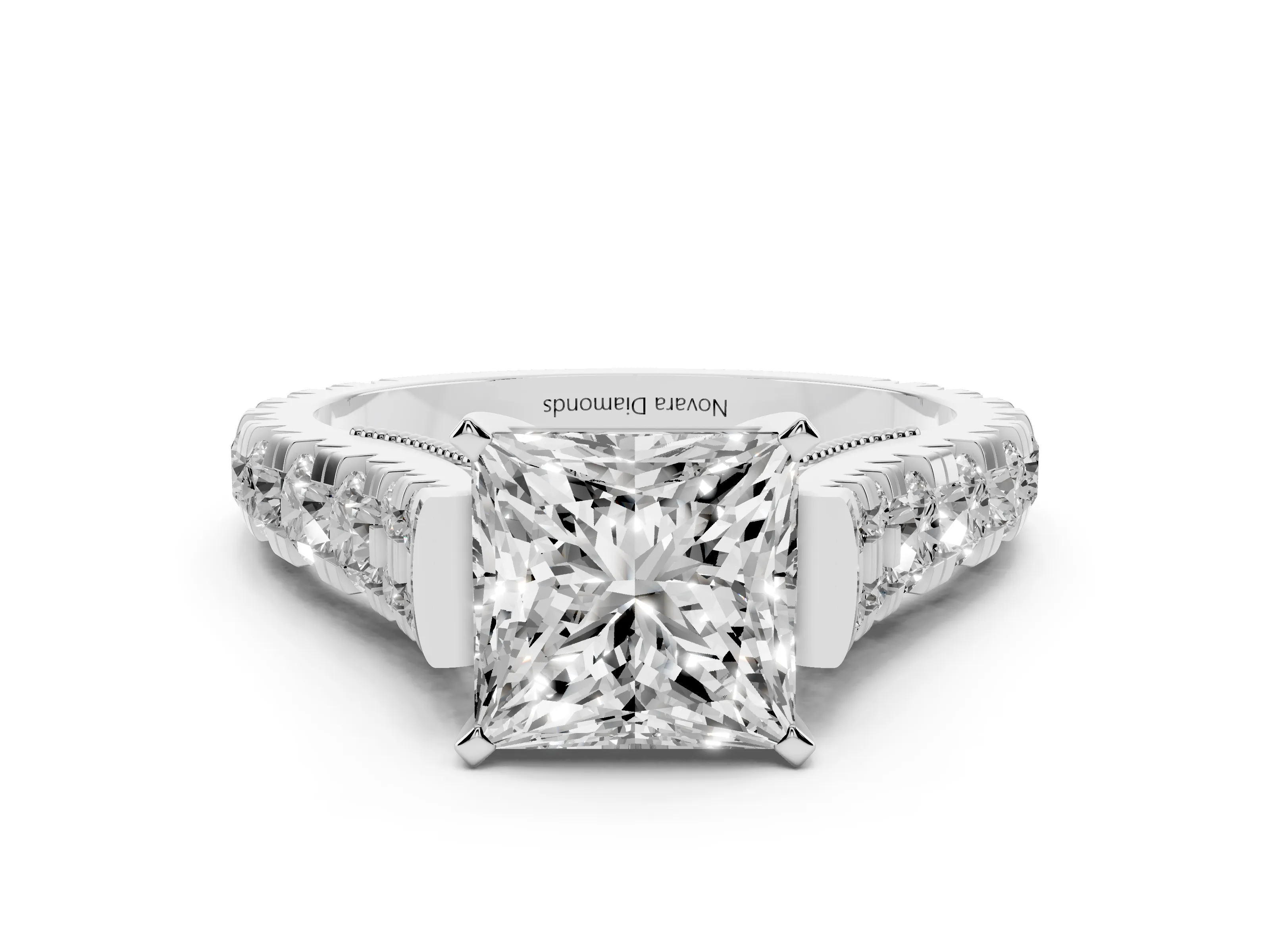Princess Cut Diamond Classic Solitaire Ring Set in White gold with Pavé Band and Prong Setting