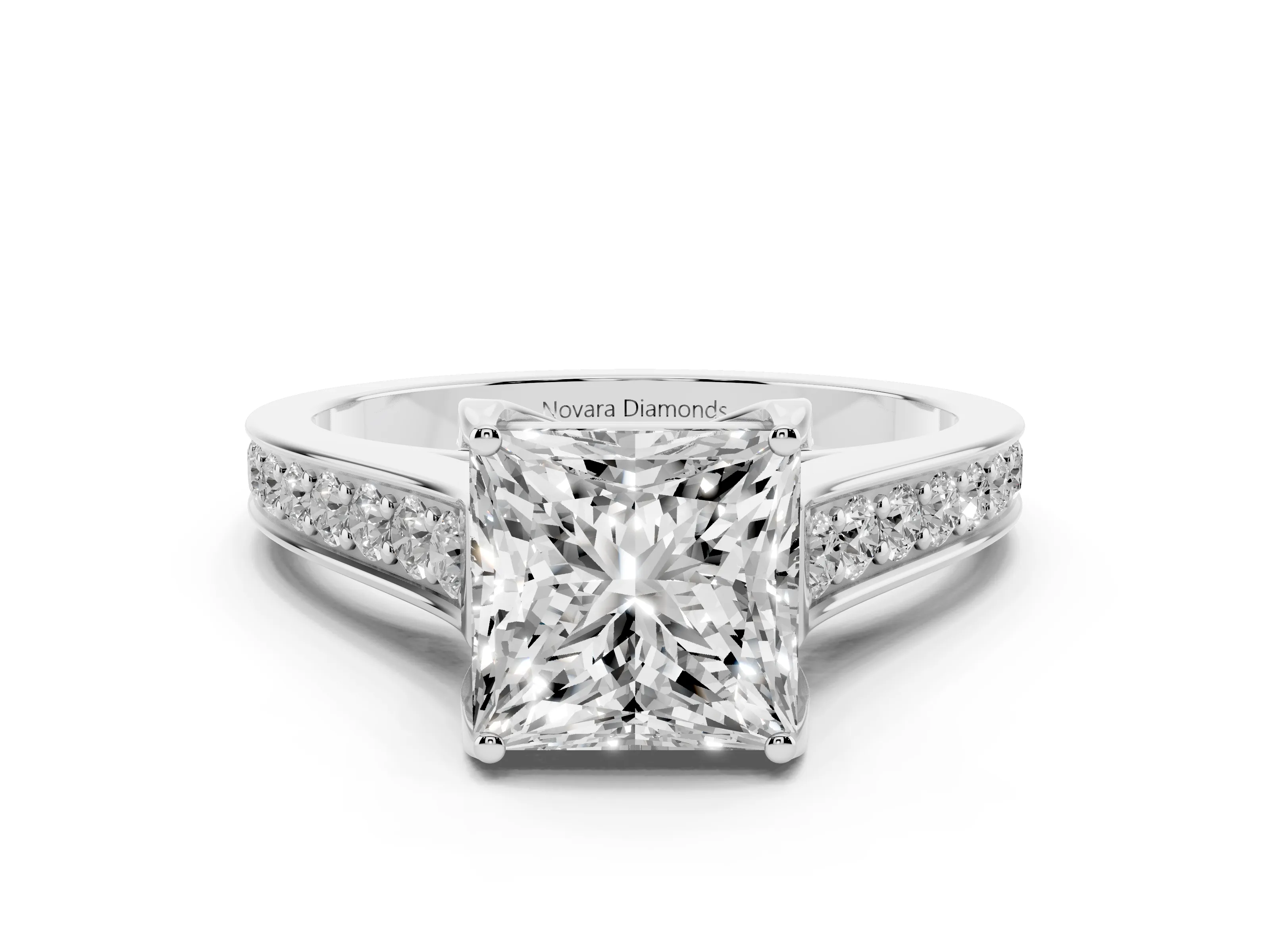 Princess Cut Diamond Solitaire Pavé Engagement Ring Set in Platinum with Prong Setting