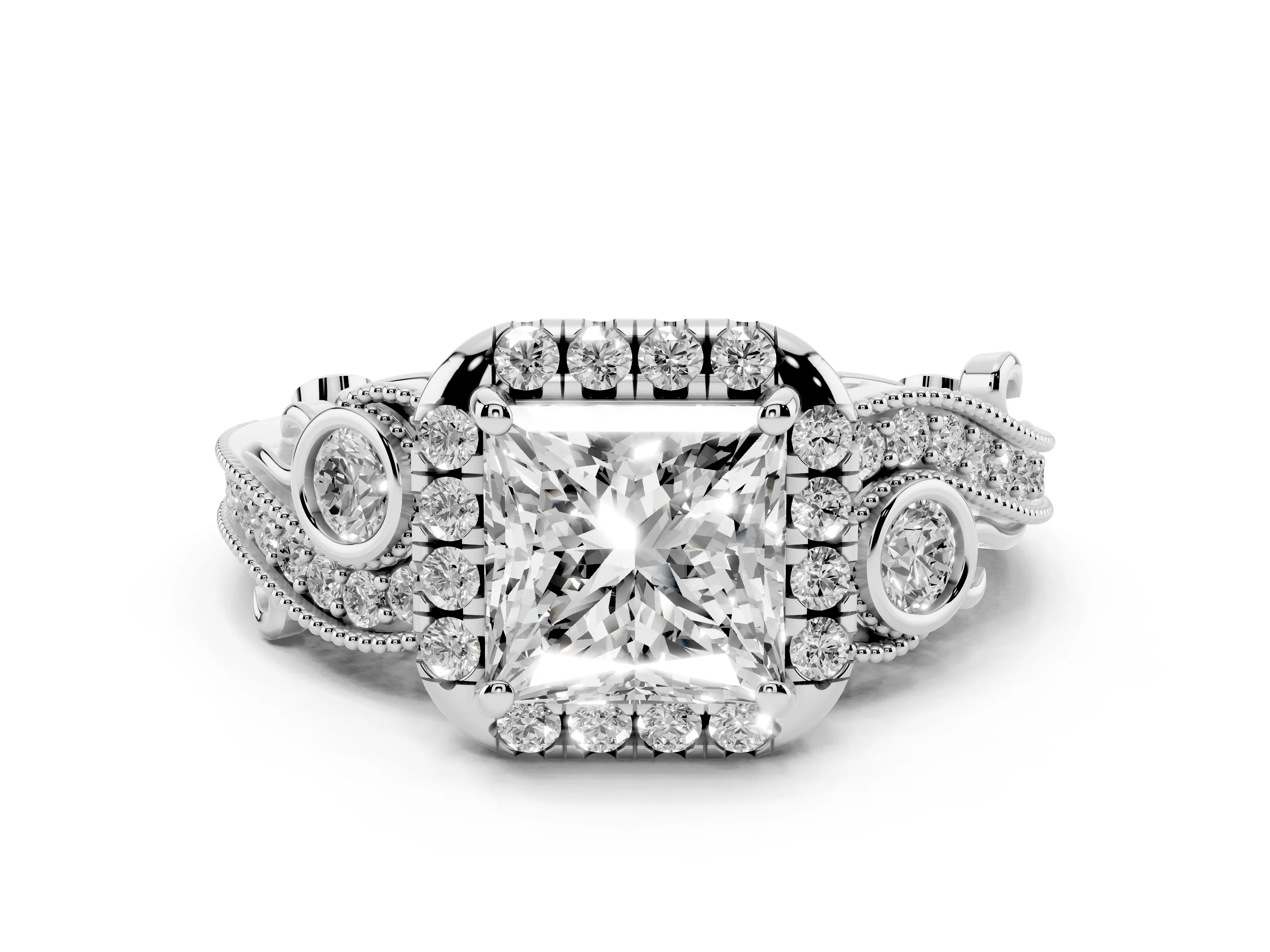 Princess Cut Diamond Halo Ring Set in White gold with Milgrain Pavé Band and Prong Setting