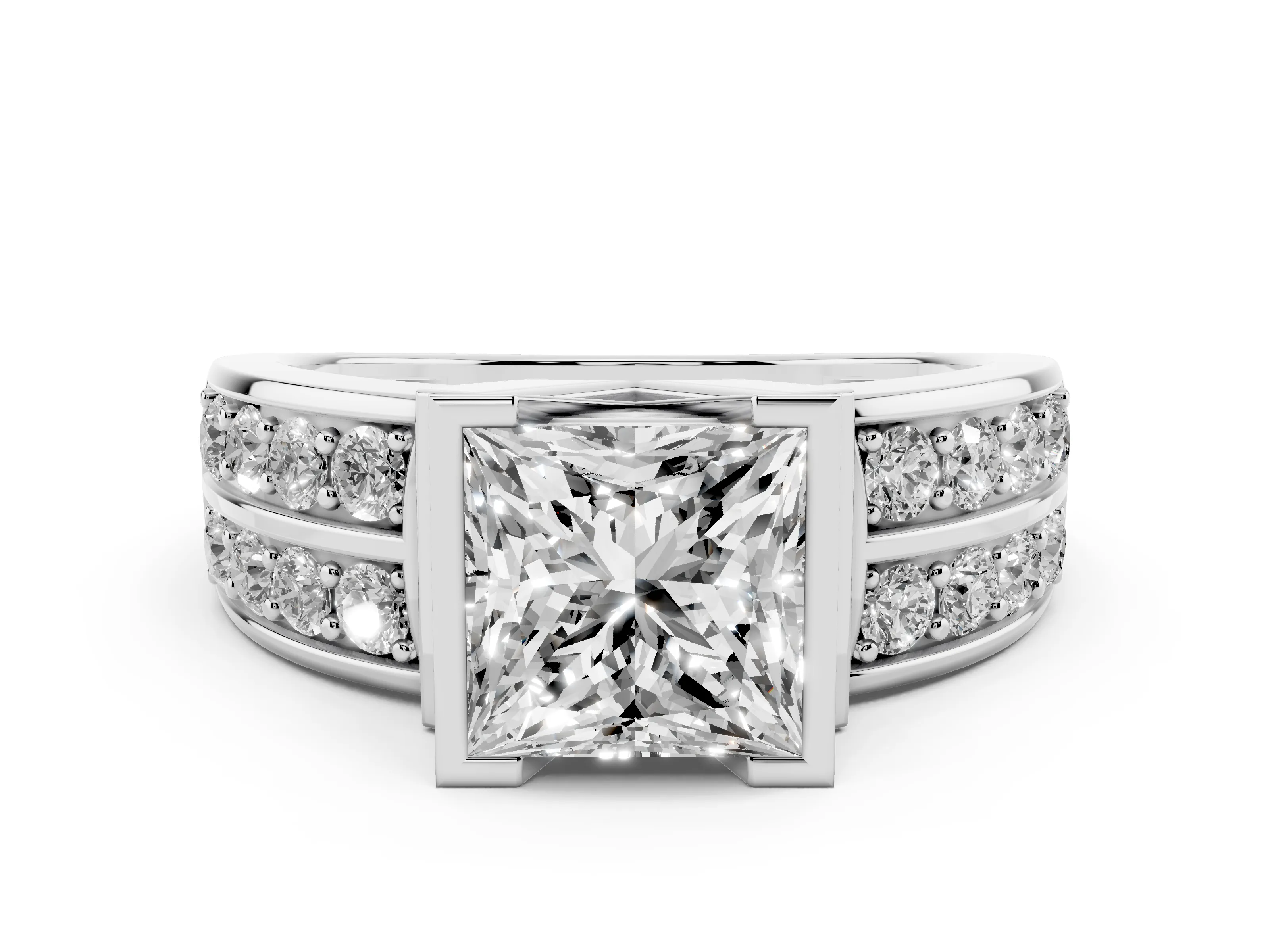 Princess Cut Diamond Wide Channel Set Band Ring Set in White gold with Bezel Setting