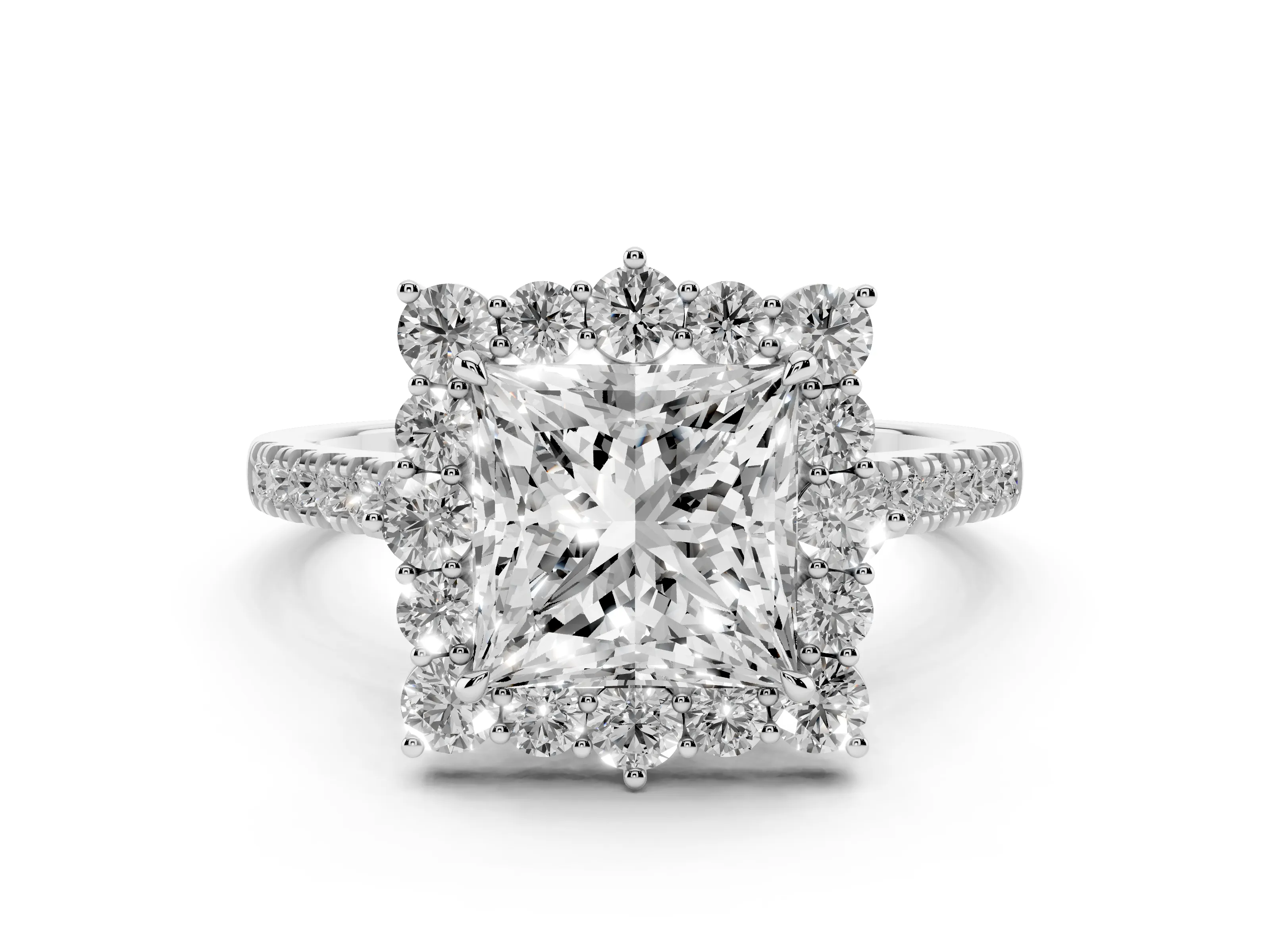 Princess Cut Diamond Halo Ring Set in White gold with Pavé Band and Prong Setting