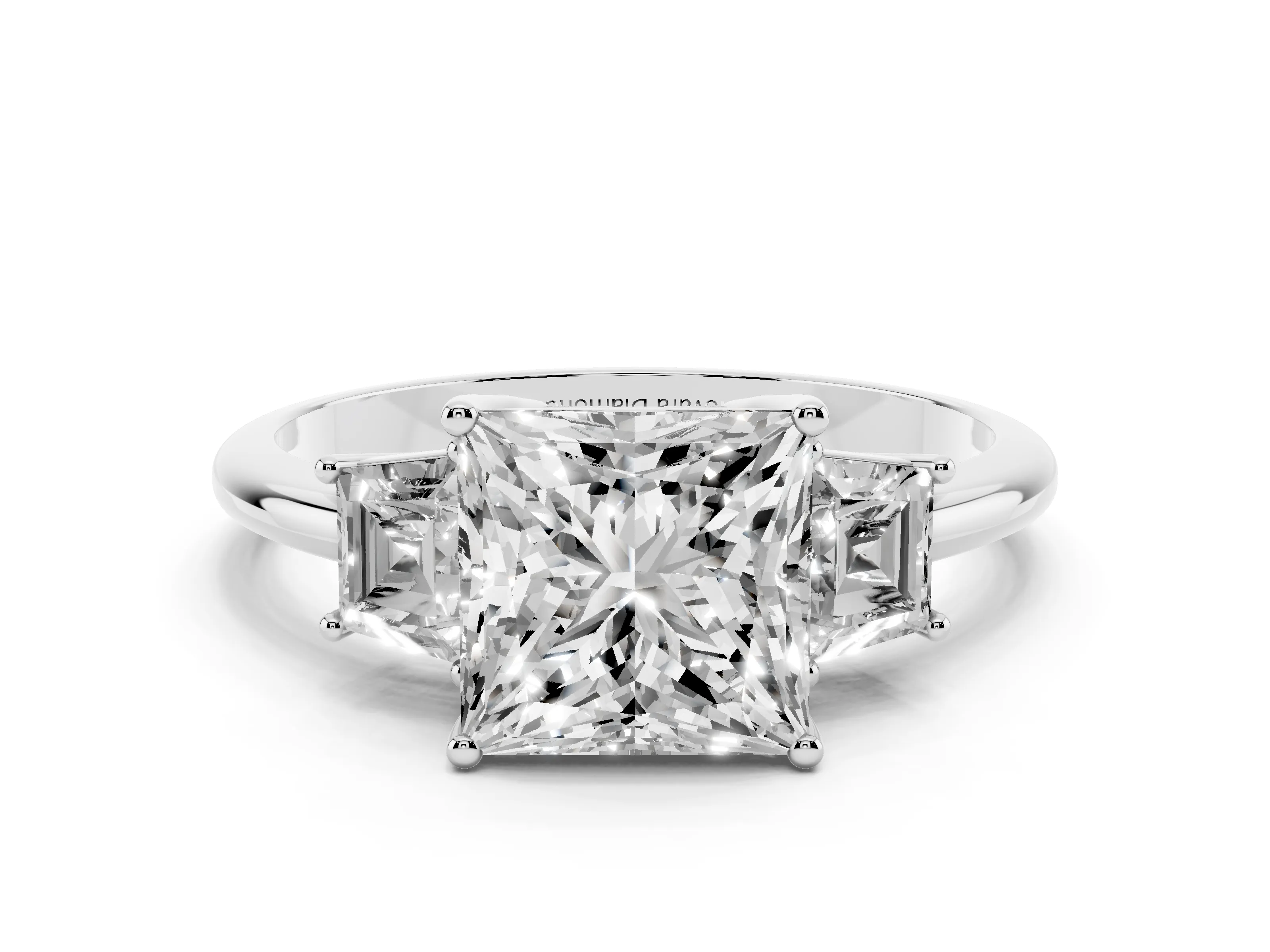 Princess Cut Diamond Three-Stone Ring Set in Platinum with Trapezoid Side Stones and Prong Setting