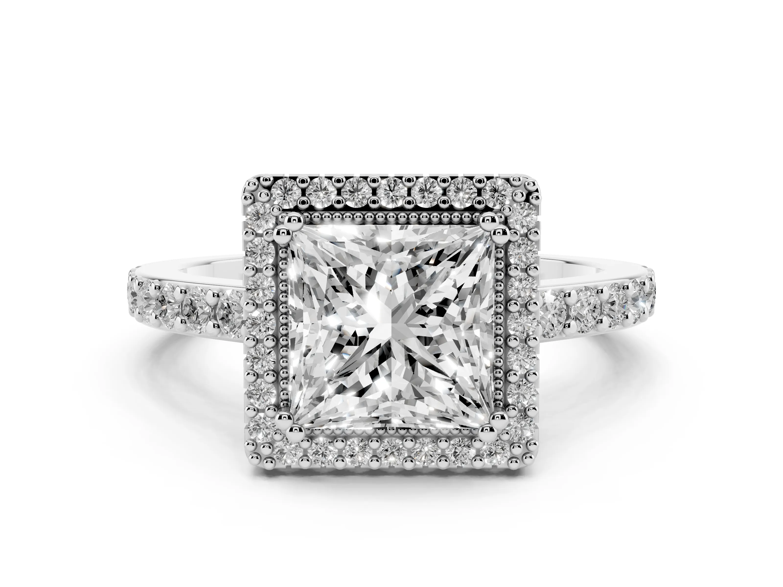 Princess Cut Diamond Halo Engagement Ring Set in Platinum with Milgrain Detail and Pavé Band