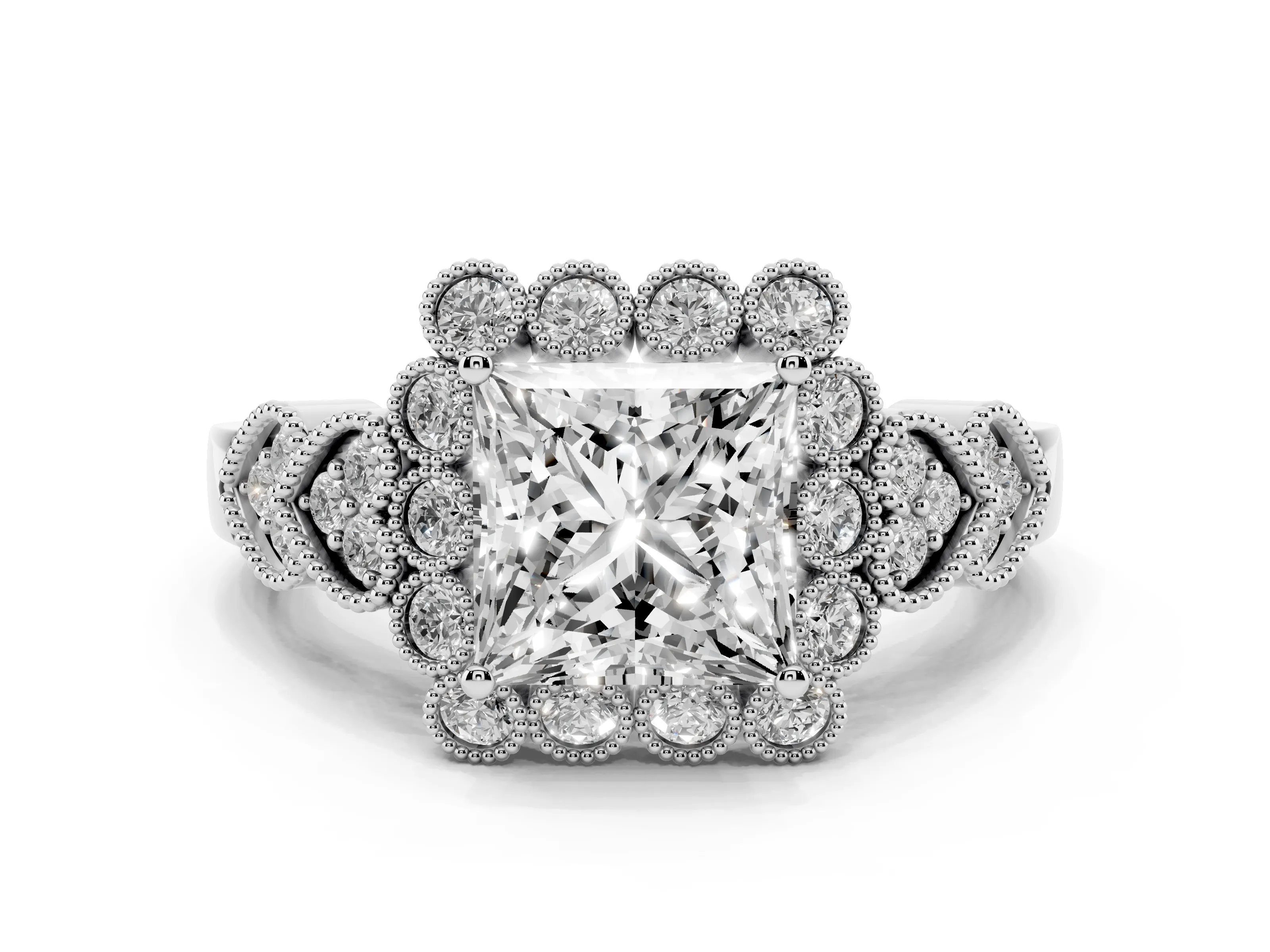 Princess Cut Diamond Solitaire Ring Set in Platinum with Milgrain Pavé Heart Band