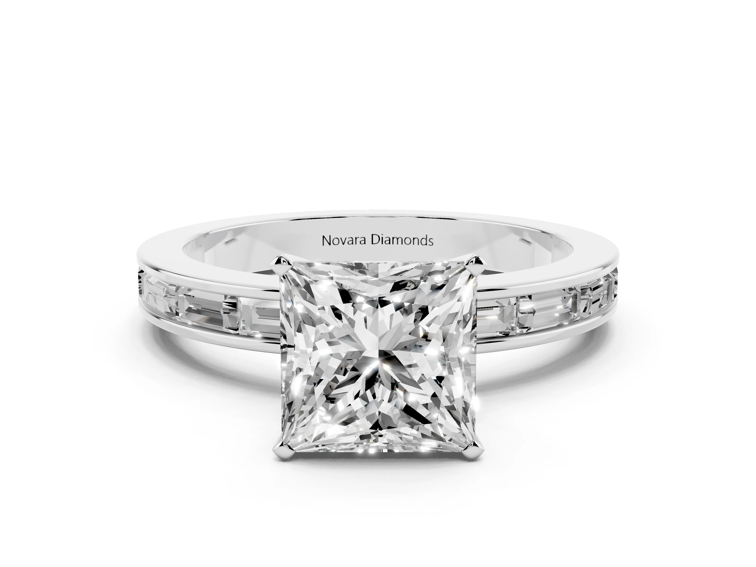 Princess Cut Diamond Solitaire Ring Set in White gold with Channel-Set Baguette Band and Prong Setting