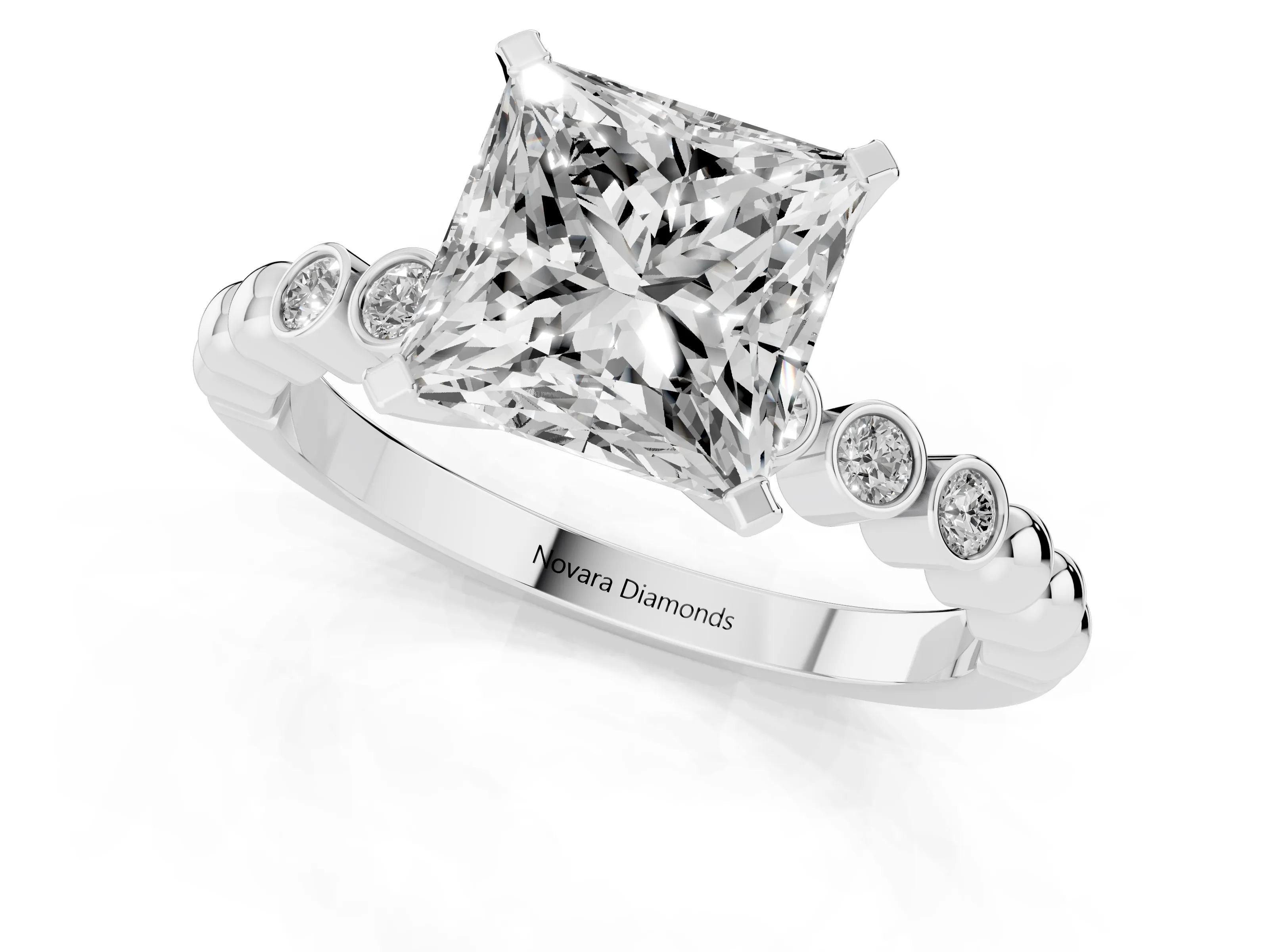 Princess Cut Diamond Solitaire Engagement Ring Set in Platinum with Bezel Accents on Beaded Band – second view