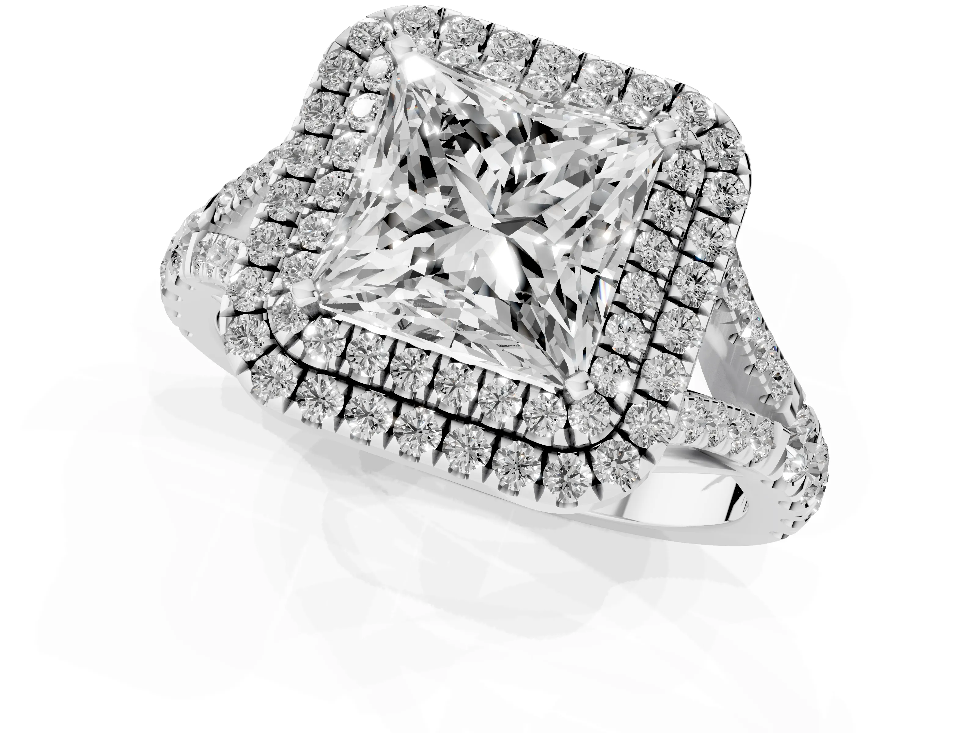 Princess Cut Diamond Pavé Split Shank Double Halo Engagement Ring Set in Silver