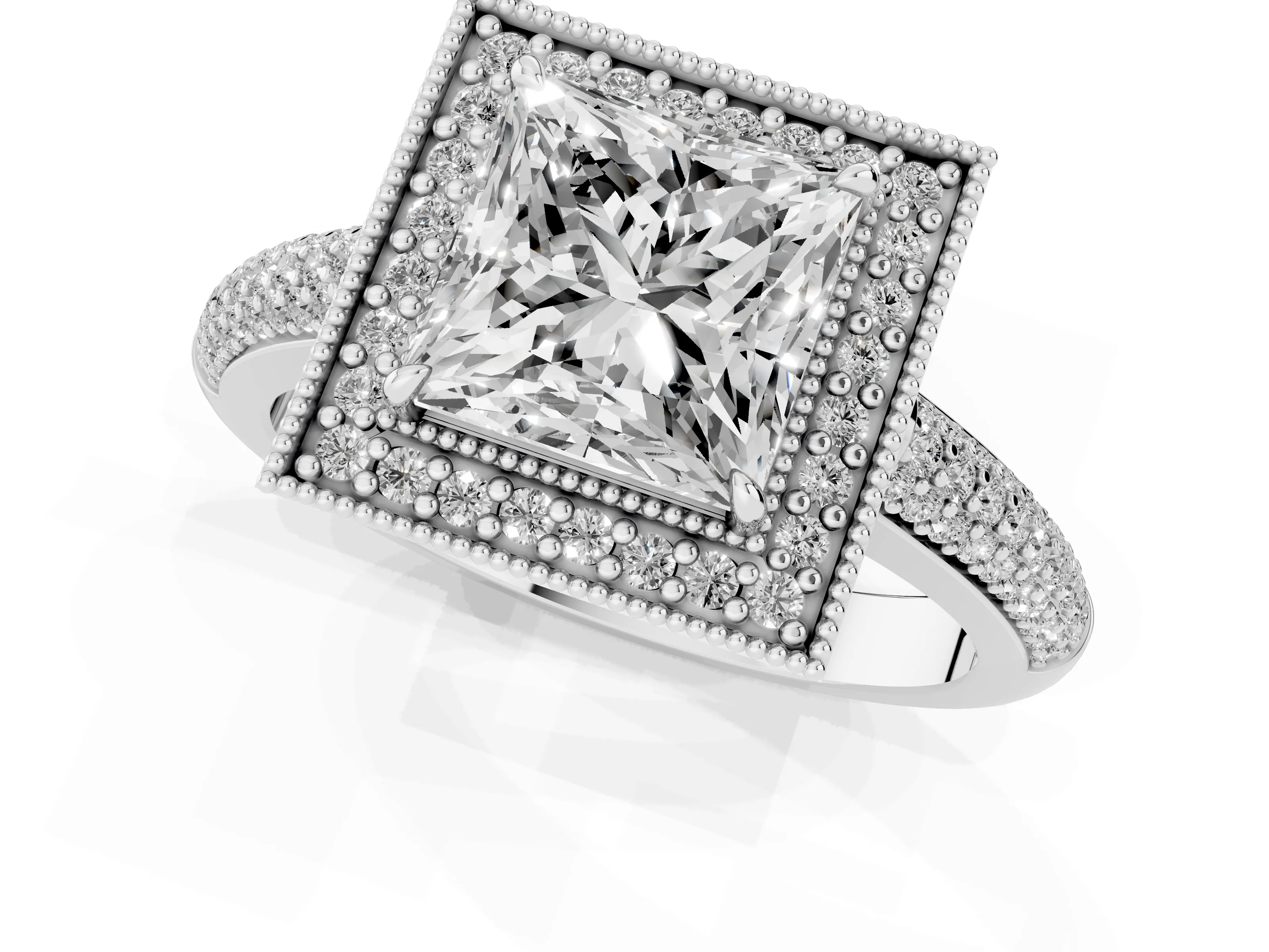 Princess Cut Diamond Halo Pavé Band Set in Platinum with Prong Setting
