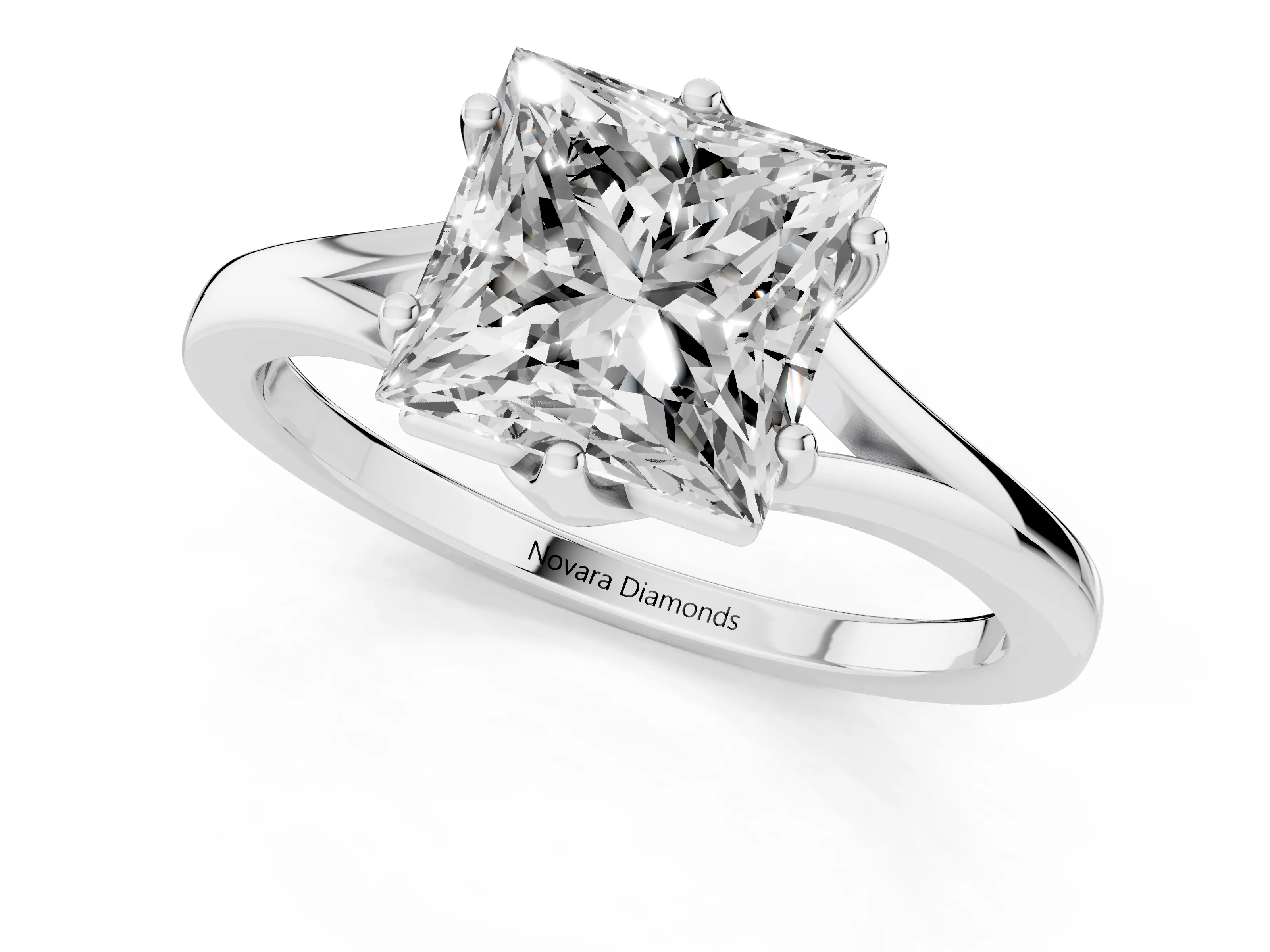 Princess Cut Diamond Solitaire Ring Set in Silver with Polished Tapered Band and Prong Setting