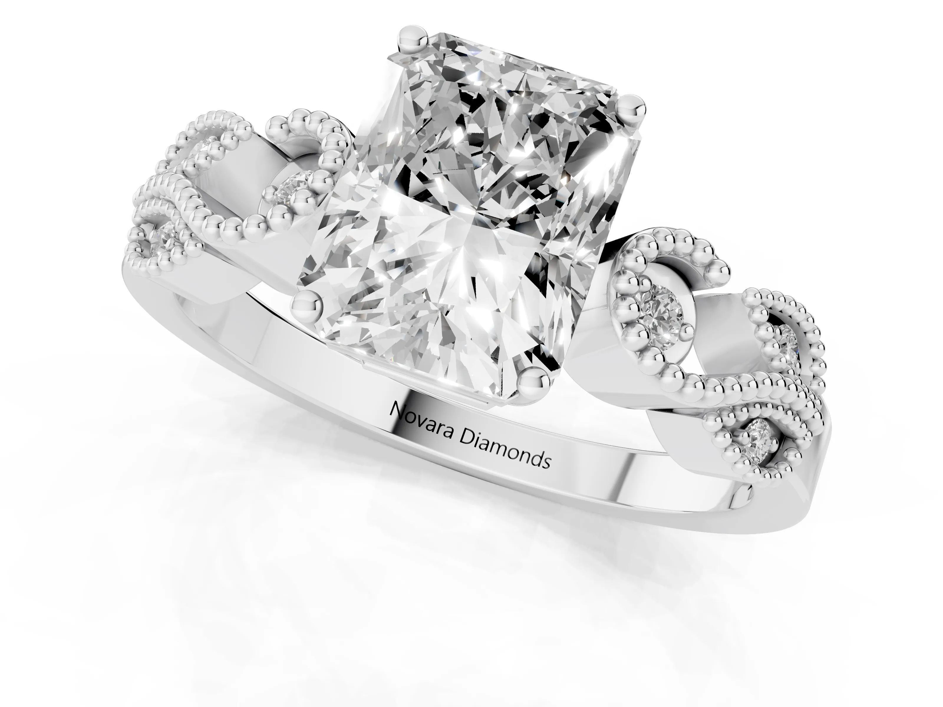 Princess Cut Diamond Milgrain Leaf Band Solitaire Ring Set in White gold with Accent Stones and Prong Setting