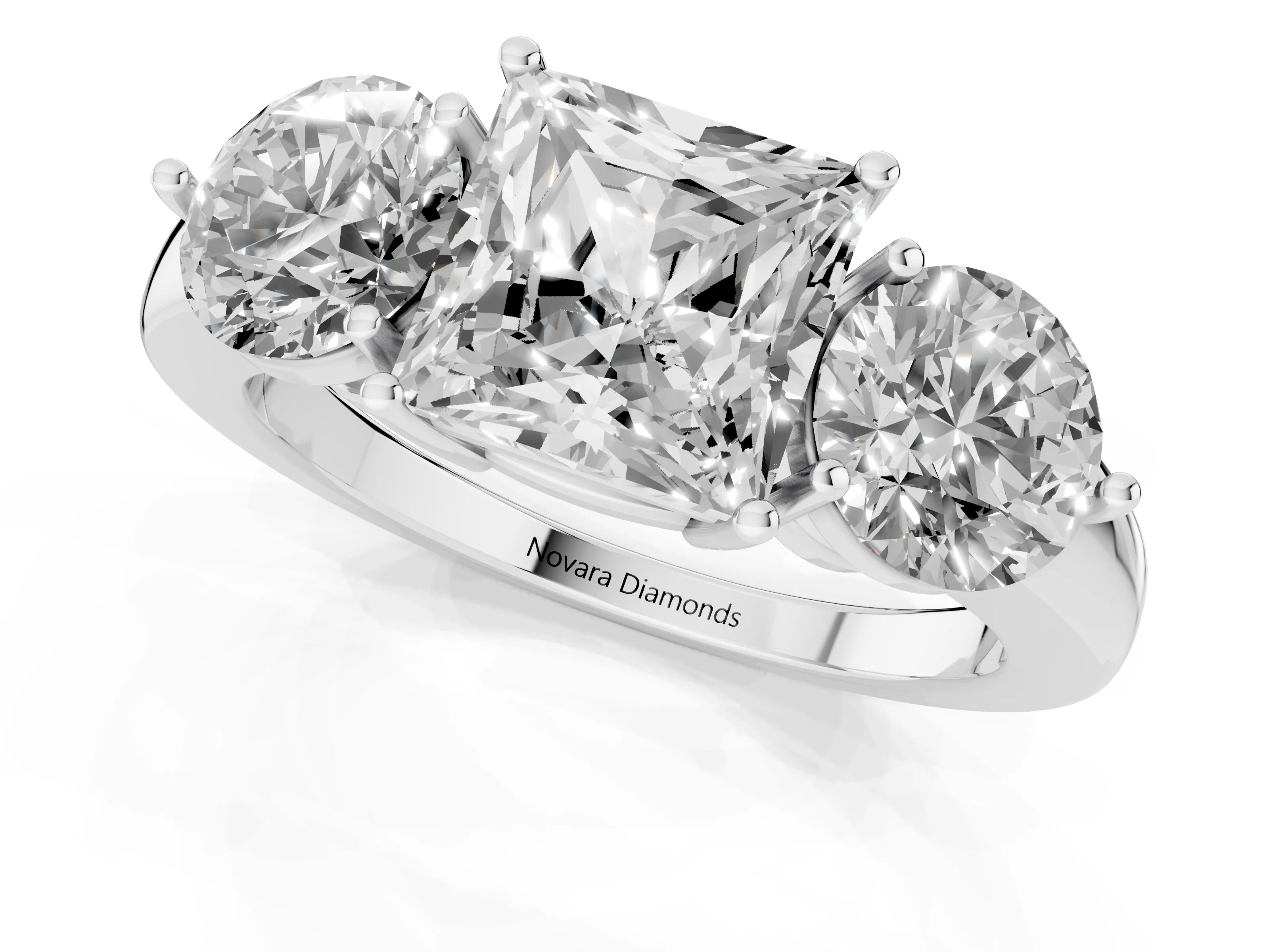 Princess Cut Diamond Three-Stone Ring Set in Platinum with Prong Setting and Plain Band – second view