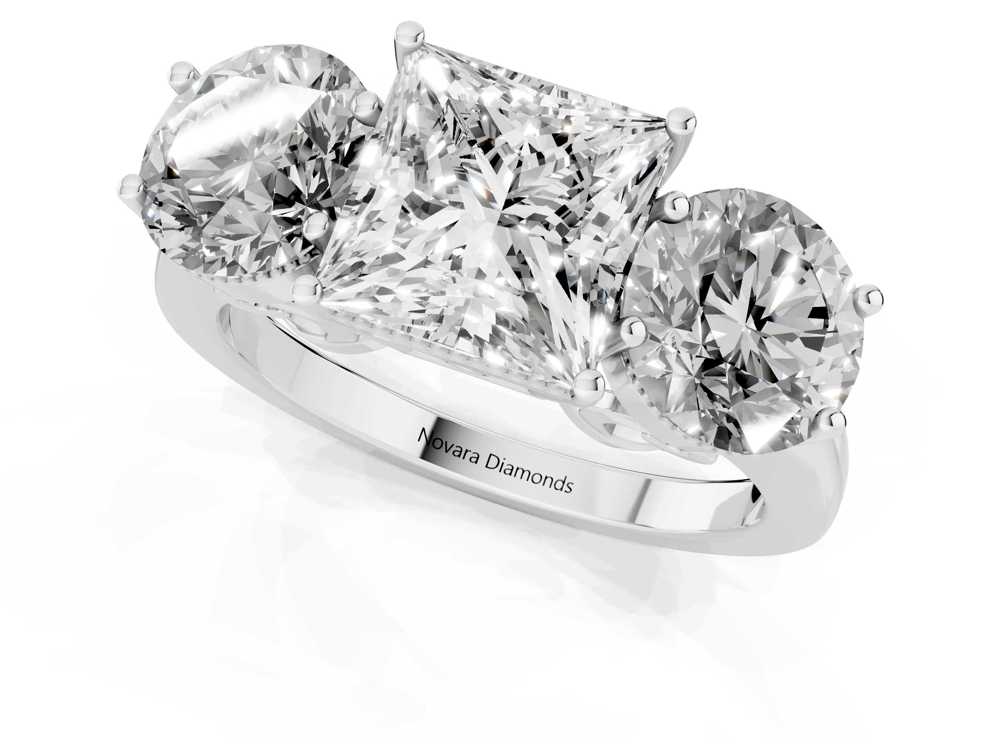 Princess Cut Diamond Three-Stone Engagement Ring Set in White gold with Polished Band