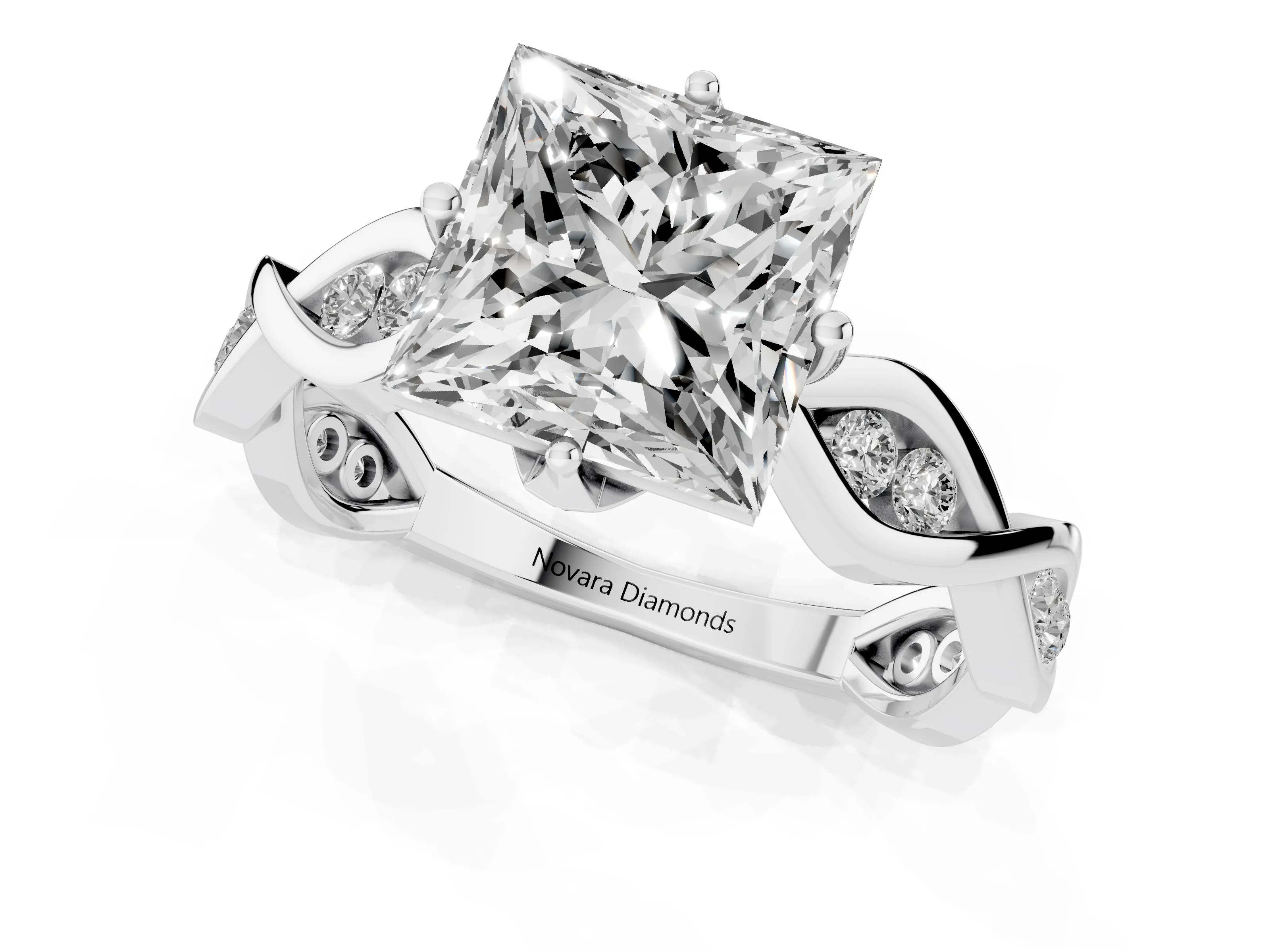 Princess Cut Diamond Twist Band Solitaire Ring Set in Platinum with Leaf Prong Setting and Accent Stones
