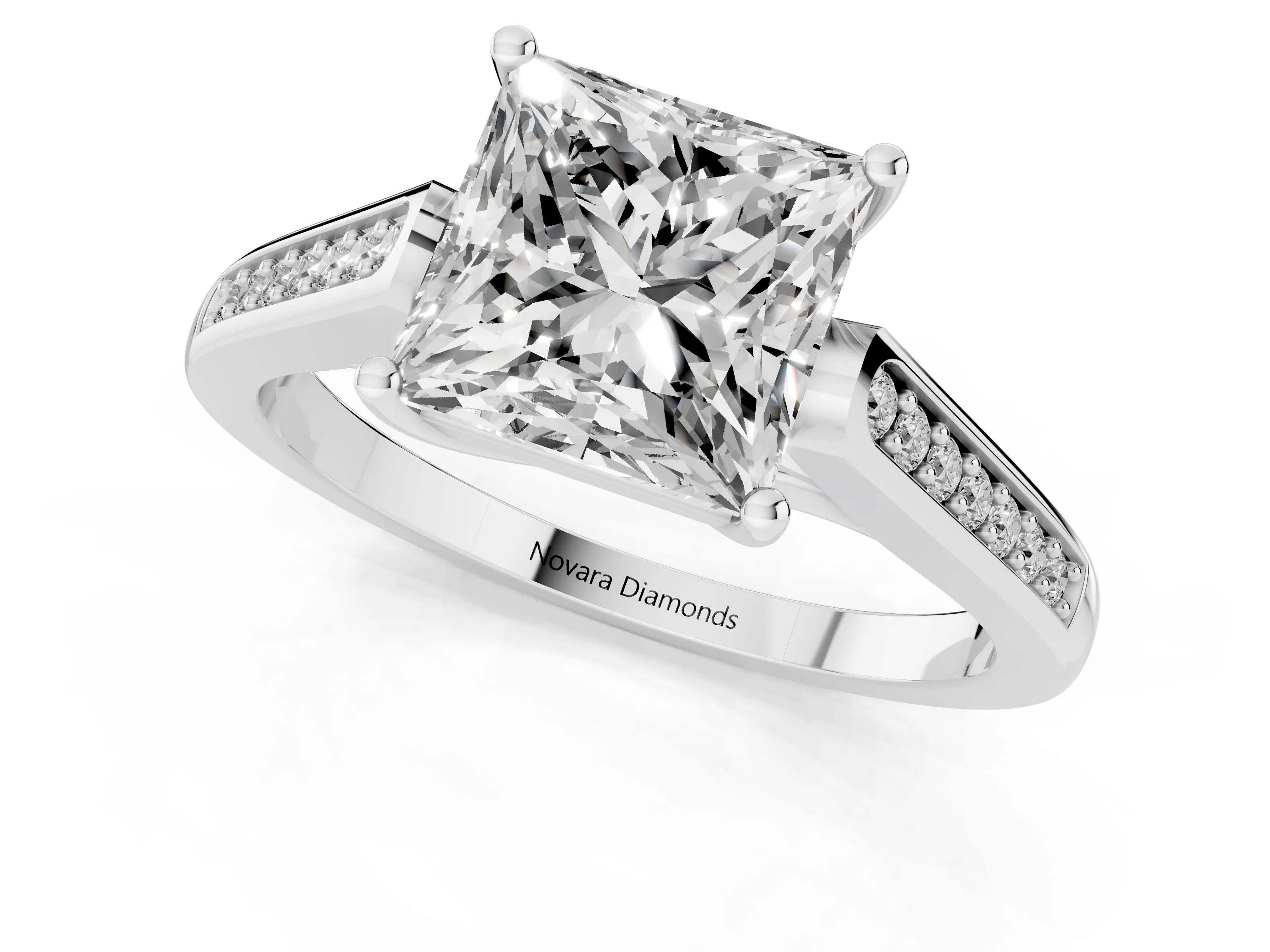 Princess Cut Diamond Solitaire Cathedral Engagement Ring Set in White gold with Channel-Set Band and Prong Setting