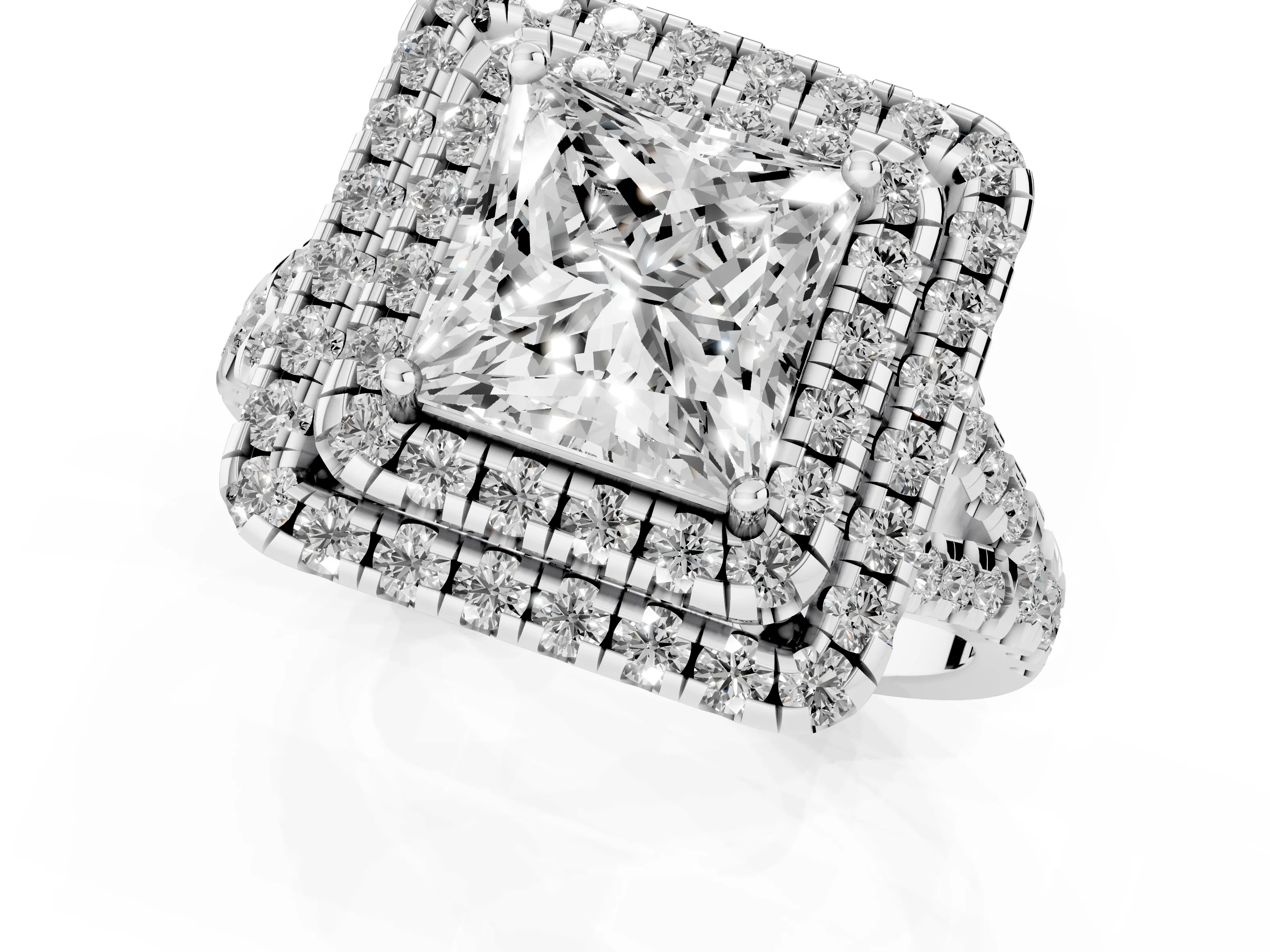 Princess Cut Diamond Double Halo Ring Set in Silver with Pavé Split Shank and Prong Setting