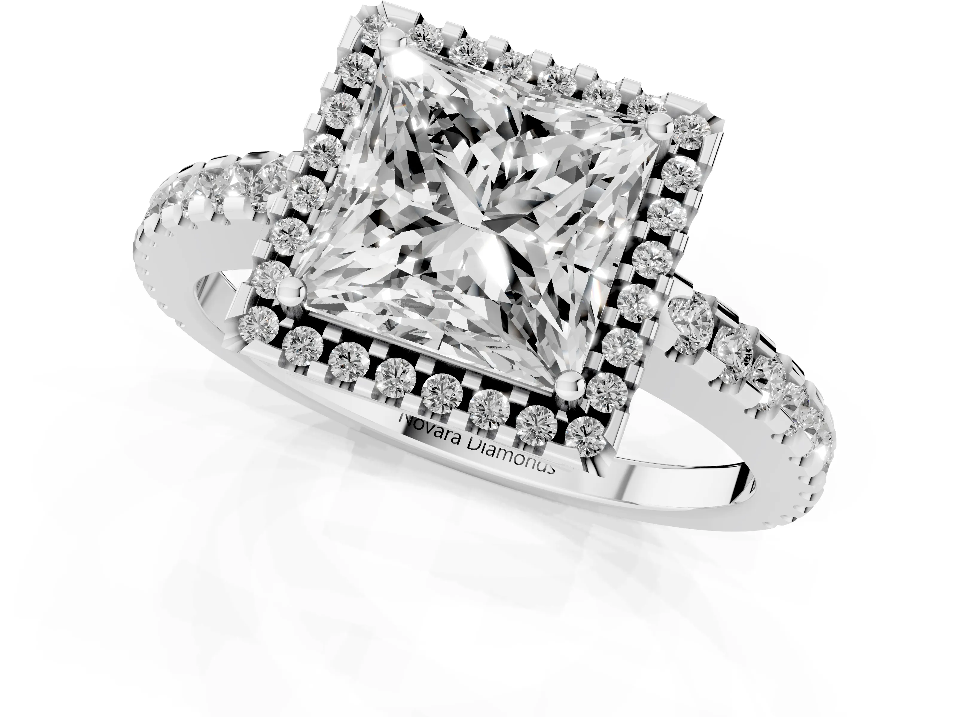 Princess Cut Diamond Halo Ring Set in Silver with Pavé Shoulders and Halo-Framed Center