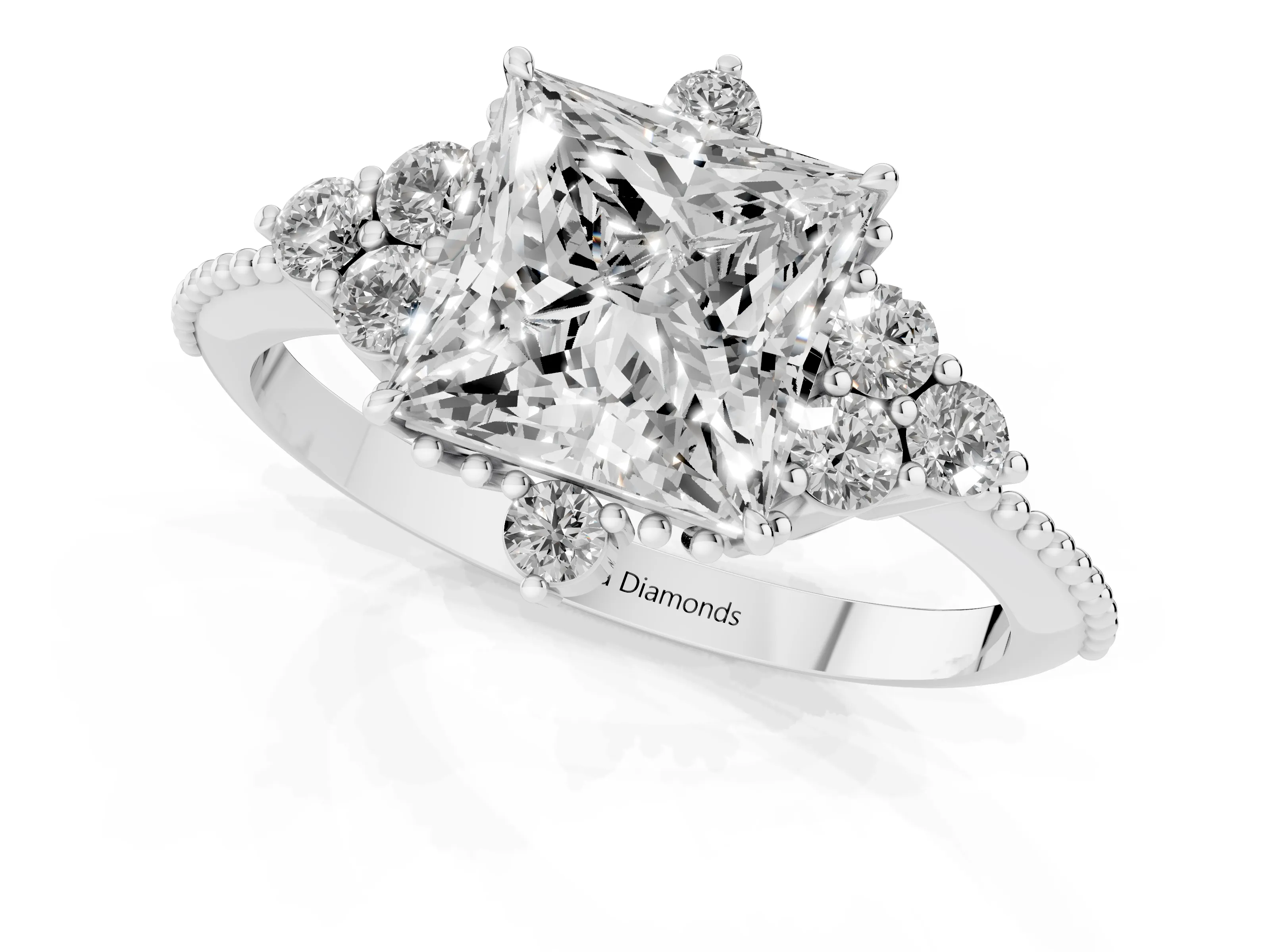 Princess Cut Diamond Cluster Ring Set in Platinum with Beaded Band