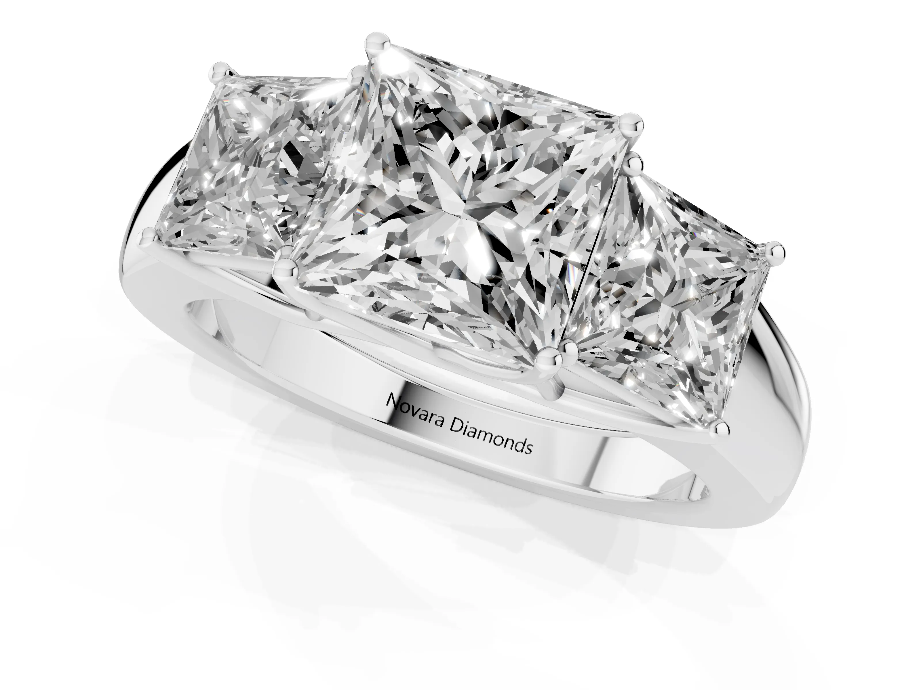 Three-Stone Princess Cut Diamond Ring Set in White gold with Matching Prong Settings and Plain Band