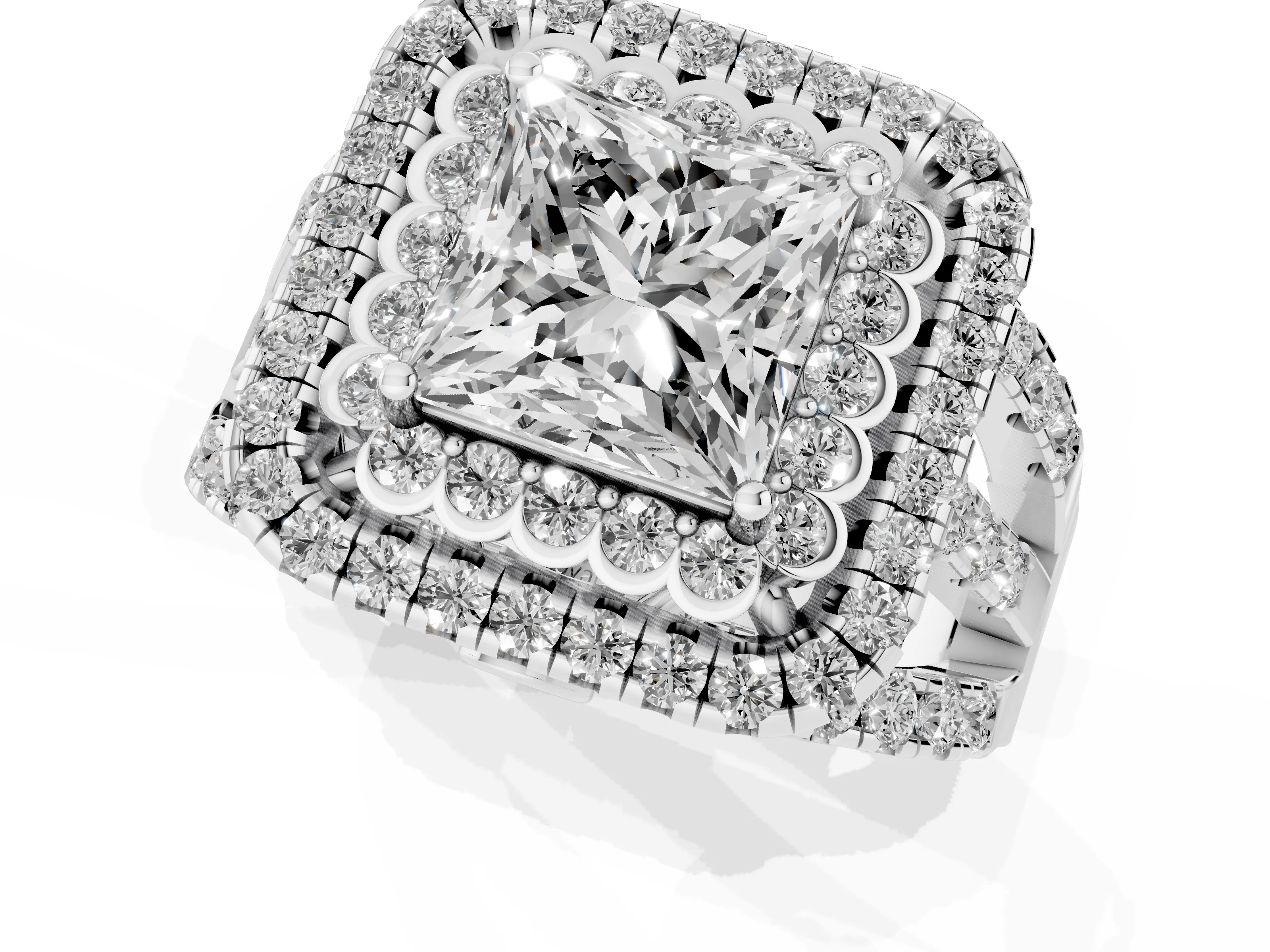 Princess Cut Diamond Double Halo Ring Set in White gold with Round Pavé Split Shank