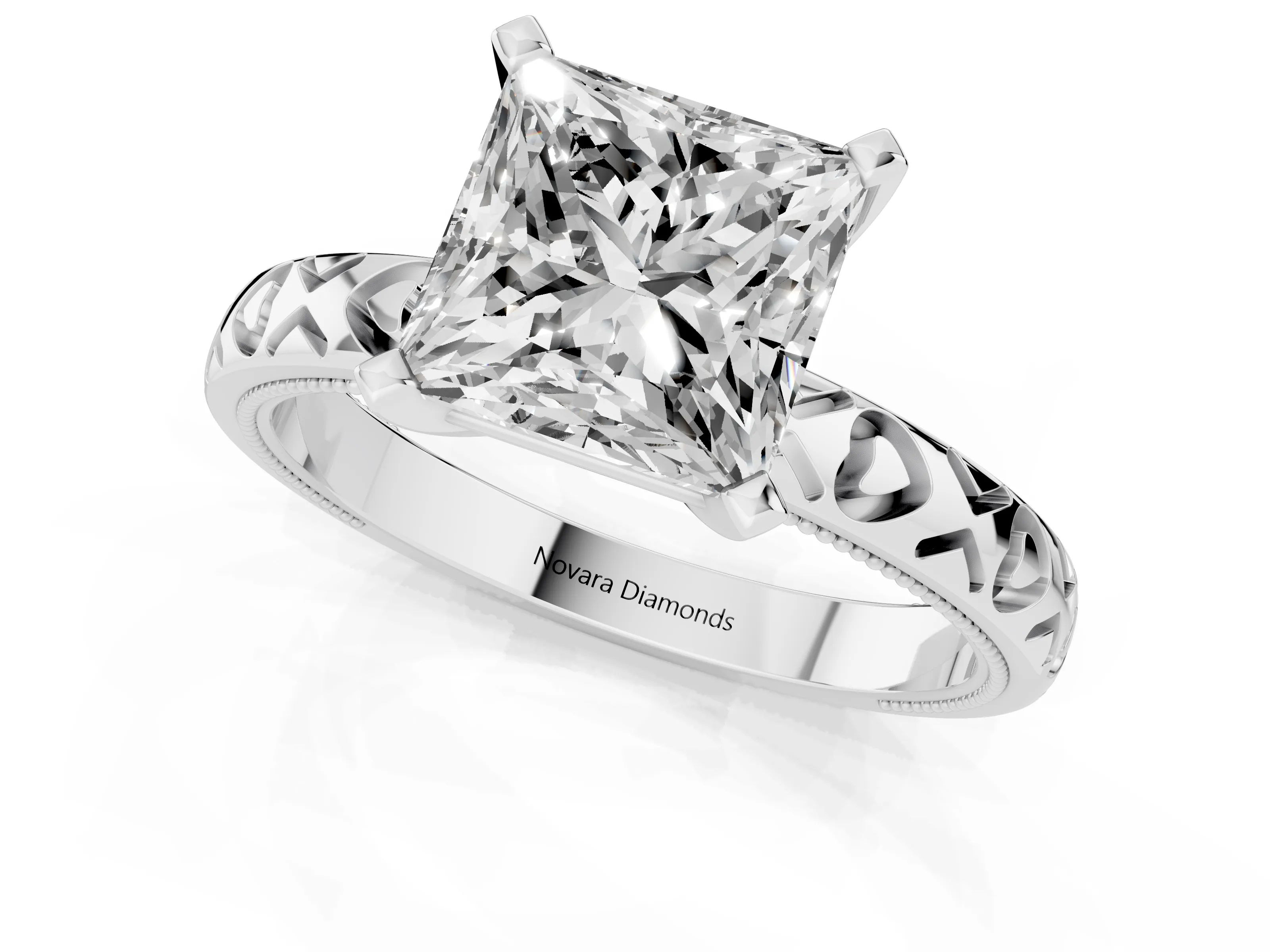 Princess Cut Diamond Solitaire Engagement Ring Set in Platinum with XO Engraved Band and Prong Setting – second view
