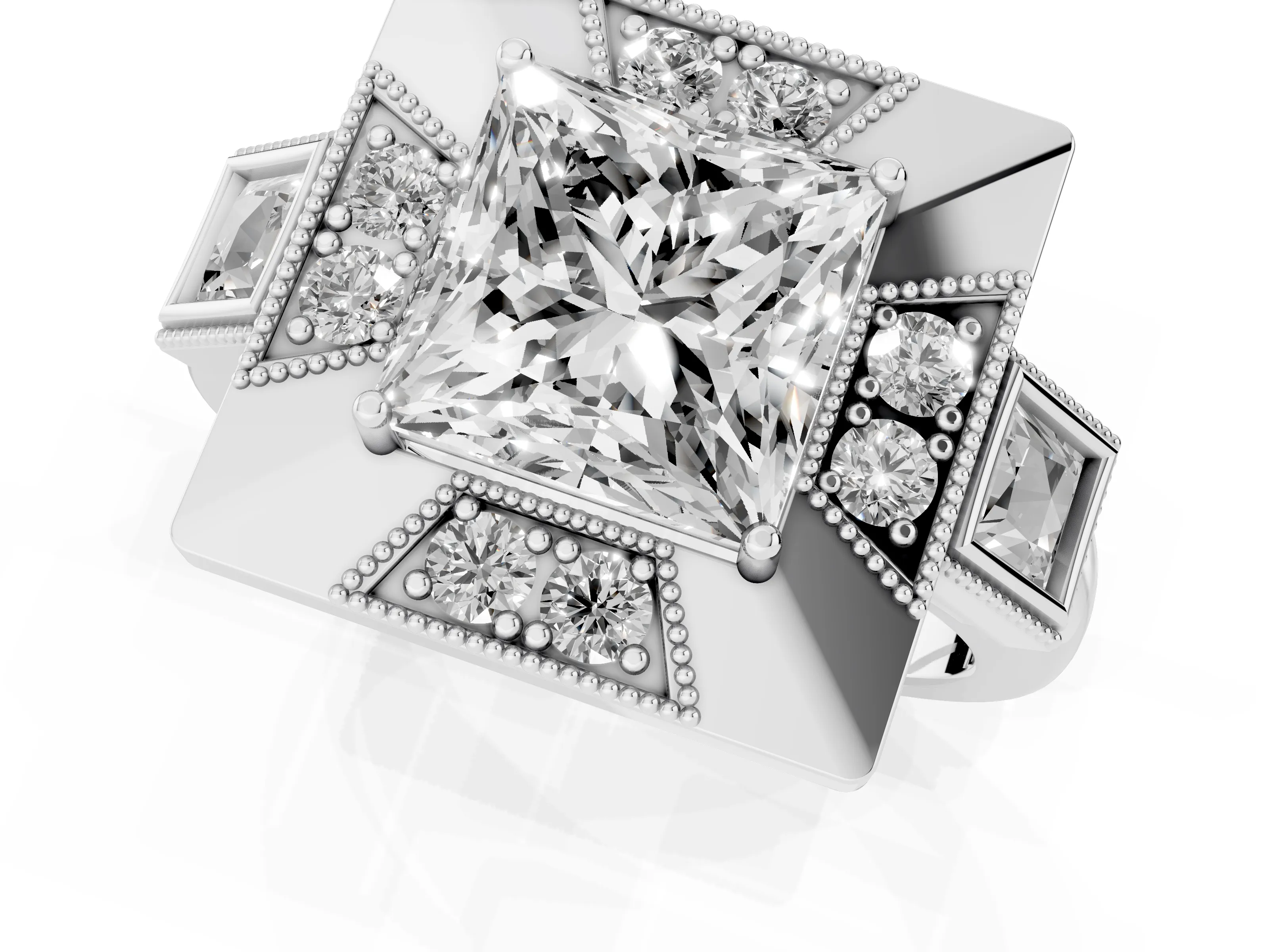 Princess Cut Diamond Milgrain Halo Ring Set in White gold with Split Shank – second view