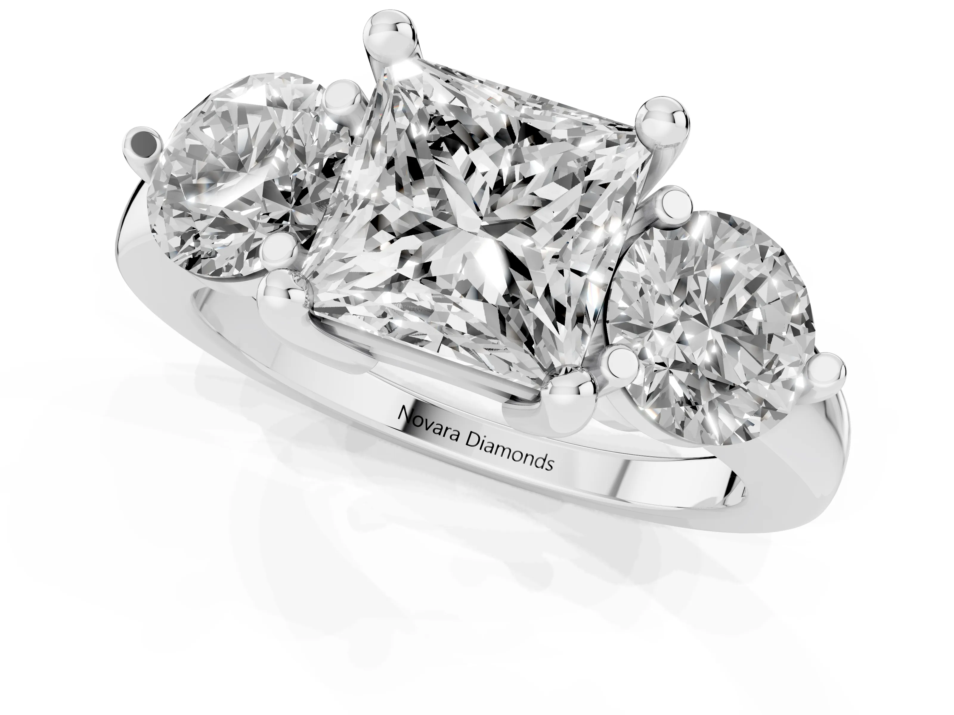 Princess Cut Diamond Three-Stone Ring Set in White gold with Prong Setting and Classic Band – second view