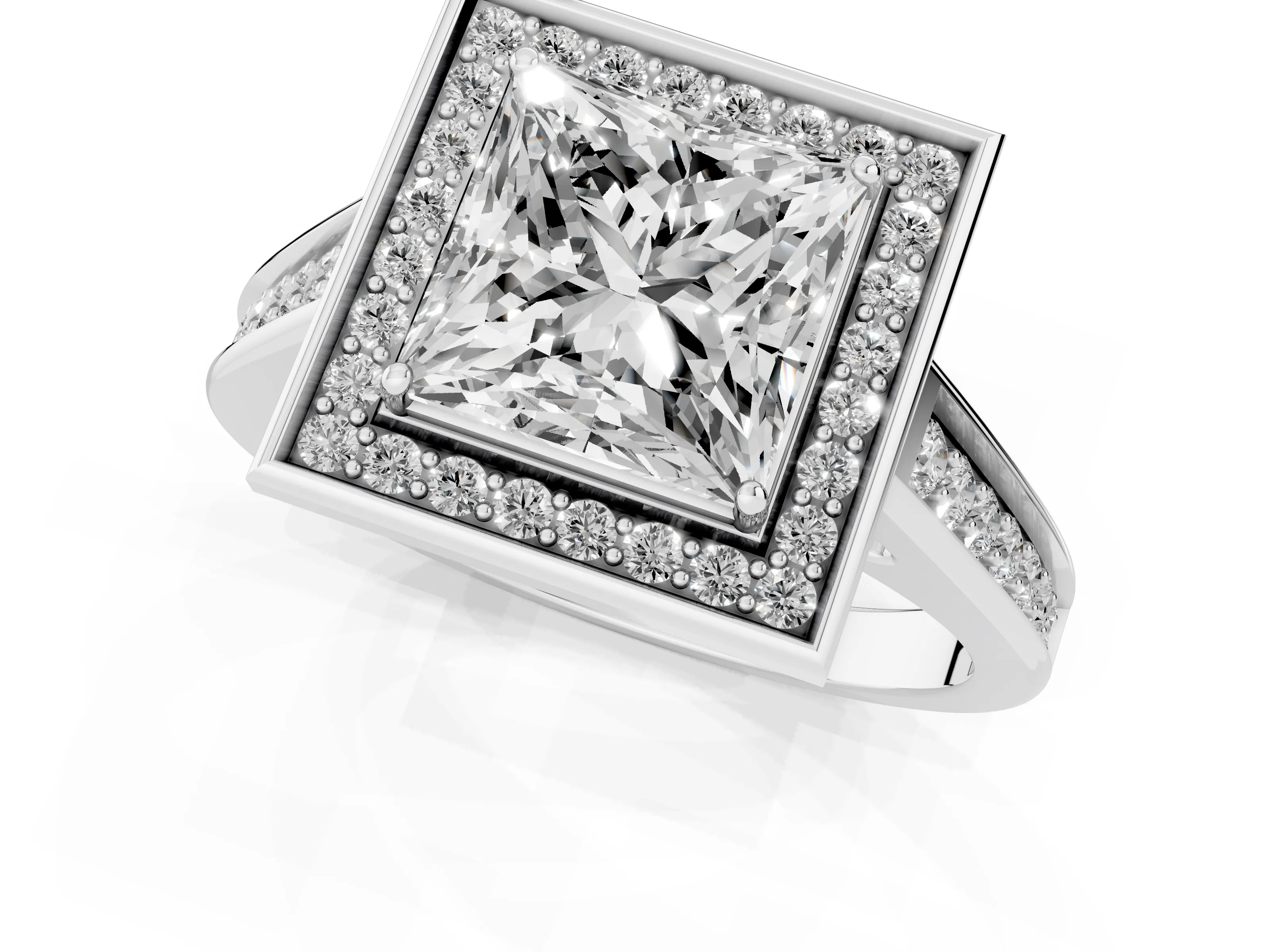 Princess Cut Diamond Halo Solitaire Ring Set in White gold with Pavé Band and Bezel Setting