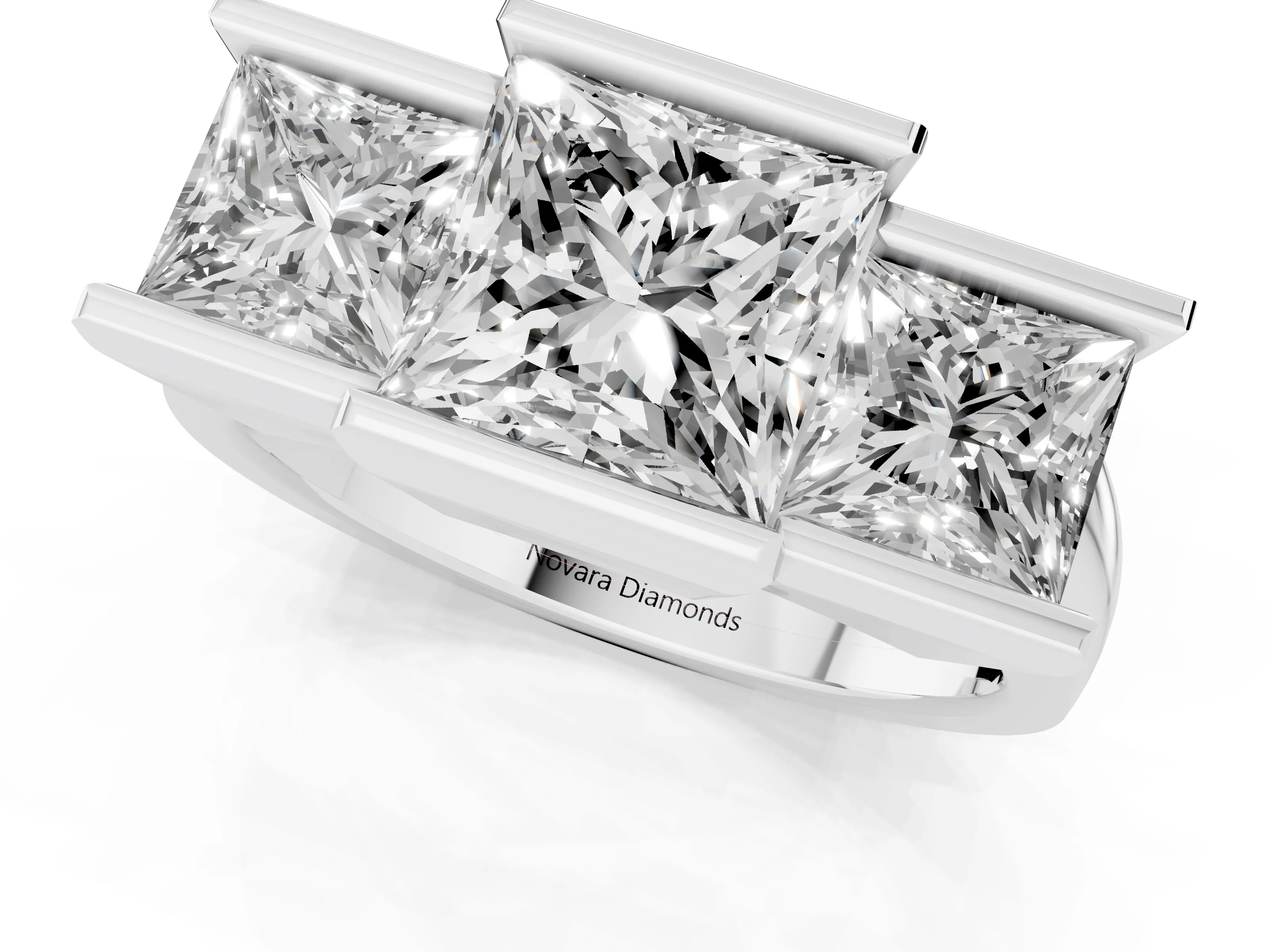 Princess Cut Diamond Three-Stone Channel Set Ring Set in Silver with Smooth Polished Band