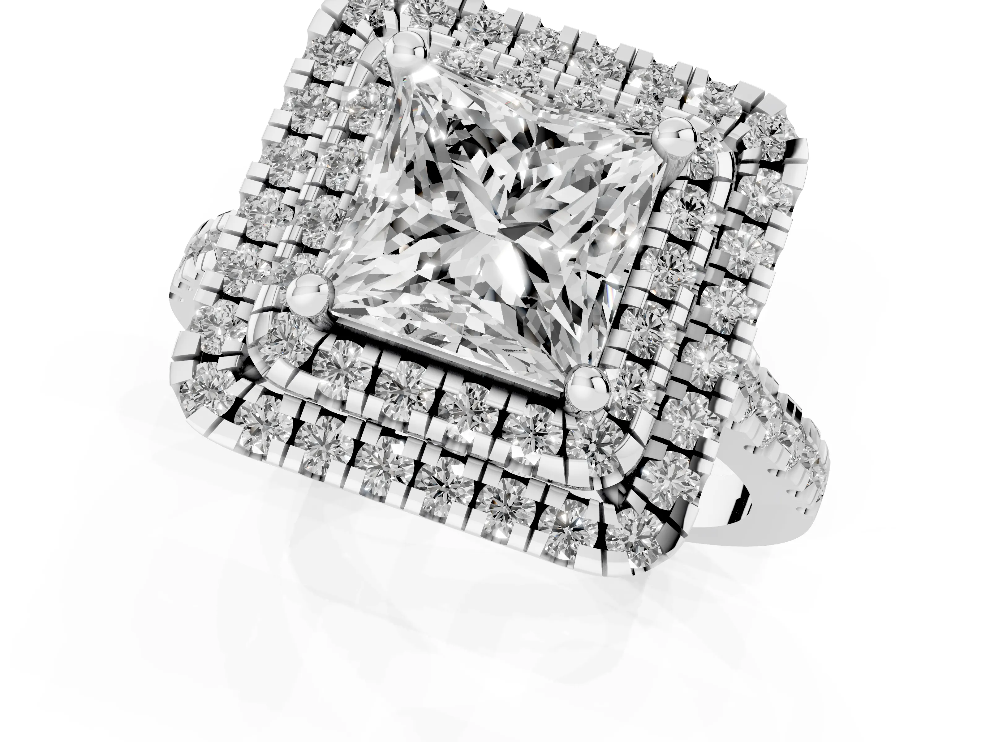 Princess Cut Diamond Double Halo Statement Ring Set in White gold with Pavé Band